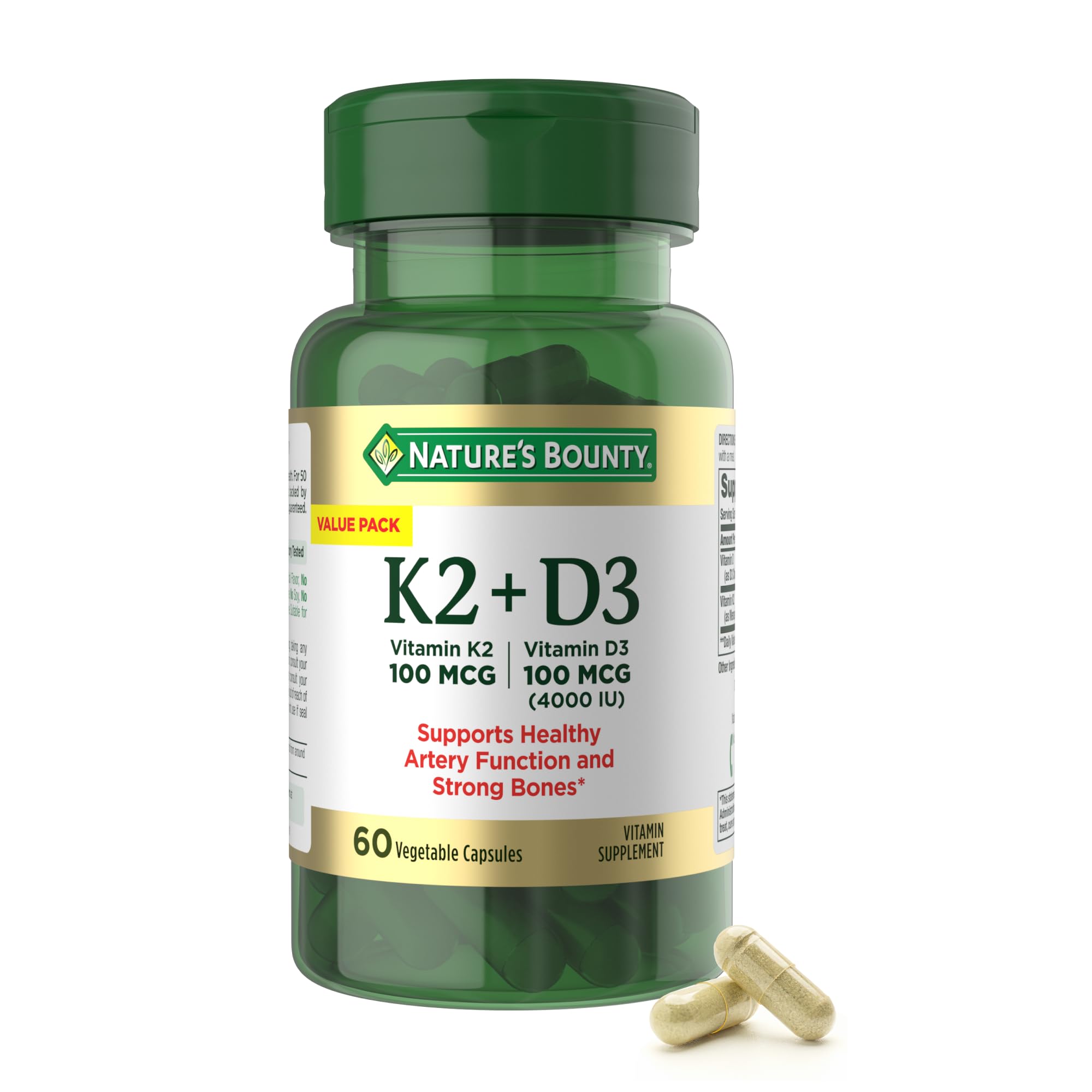 Nature's Bounty Vitamin K2 + D3 60 capsules front view