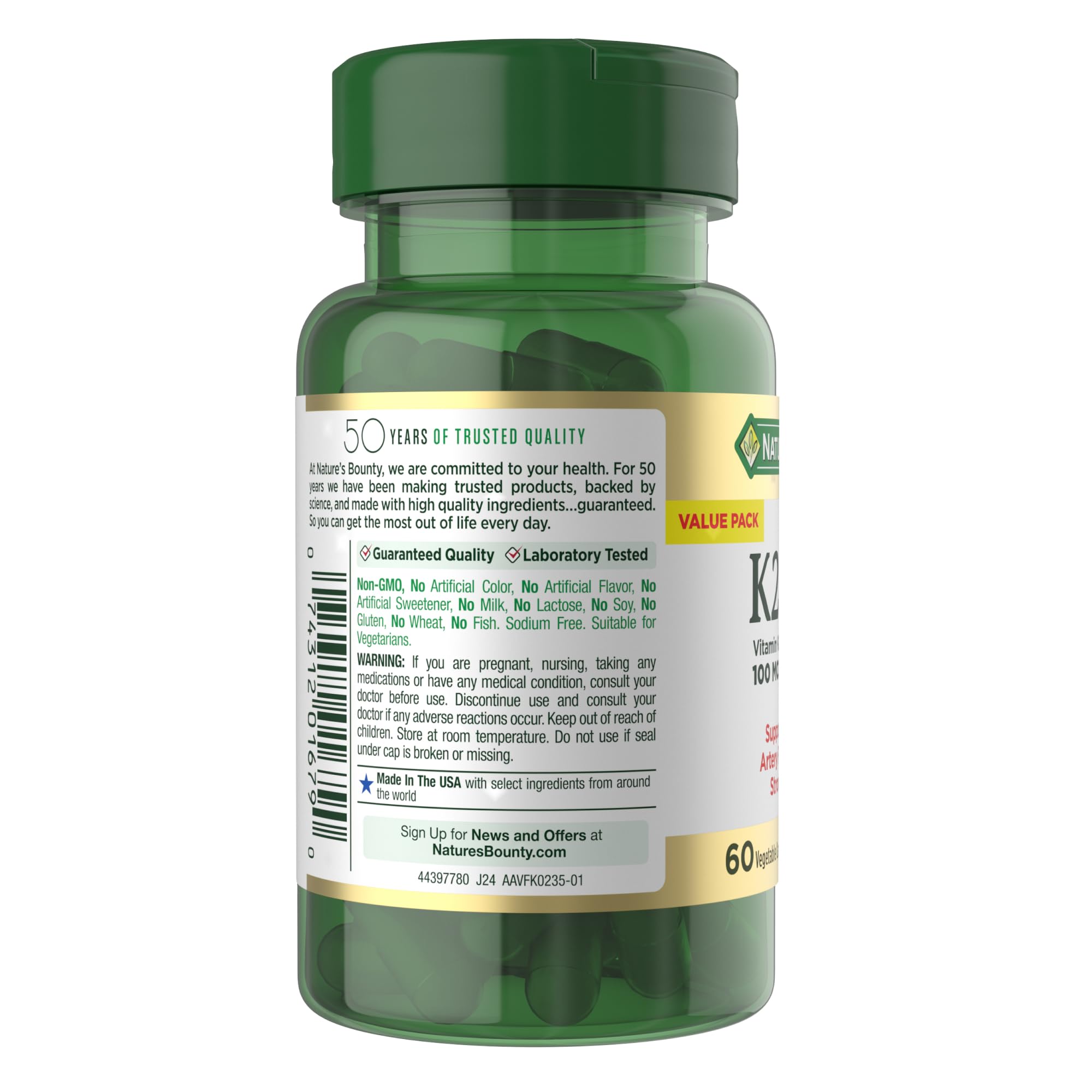 Nature's Bounty Vitamin K2 + D3 bottle with a measuring spoon