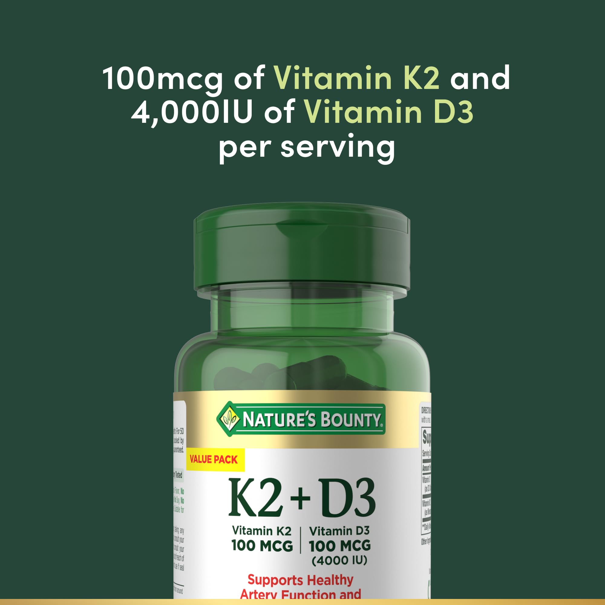 Nature's Bounty Vitamin K2 + D3 capsules close-up