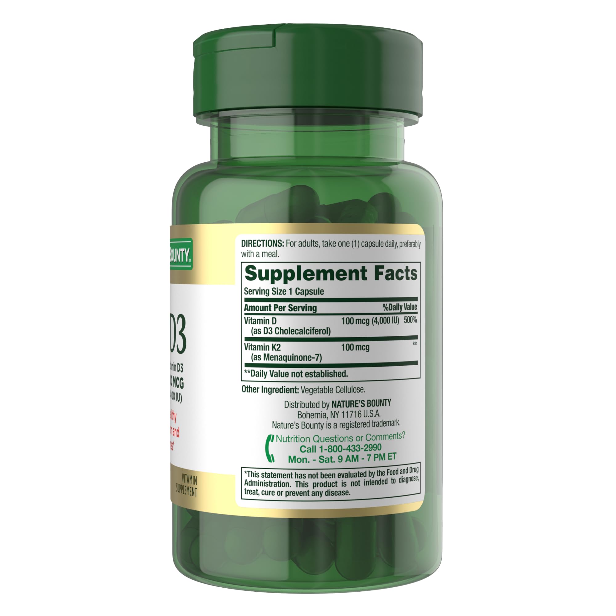 Nature's Bounty Vitamin K2 + D3 supplement in a kitchen setting