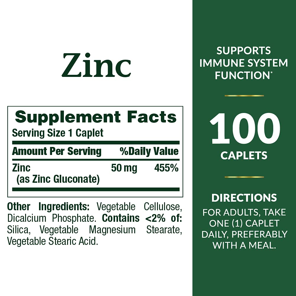 Nature's Bounty Zinc 50mg Caplets 100 count side view