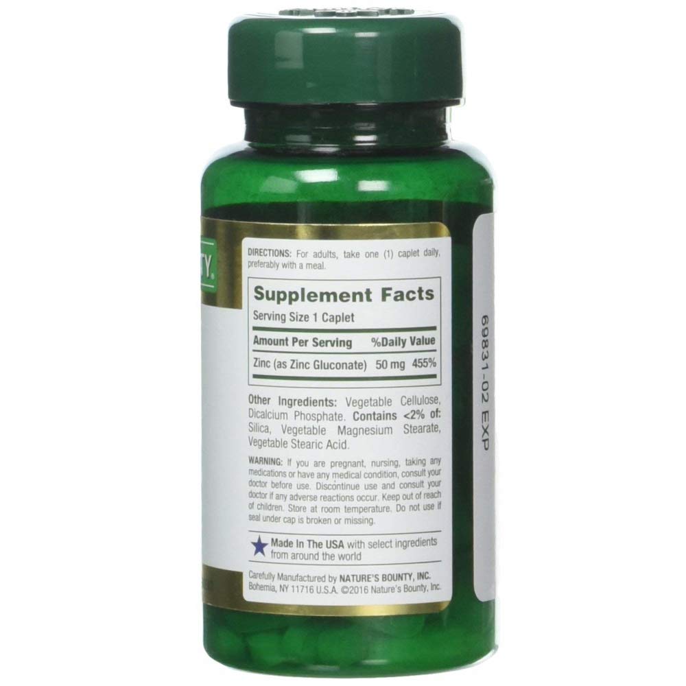 Nature's Bounty Zinc Caplets 50mg back packaging view with ingredient list