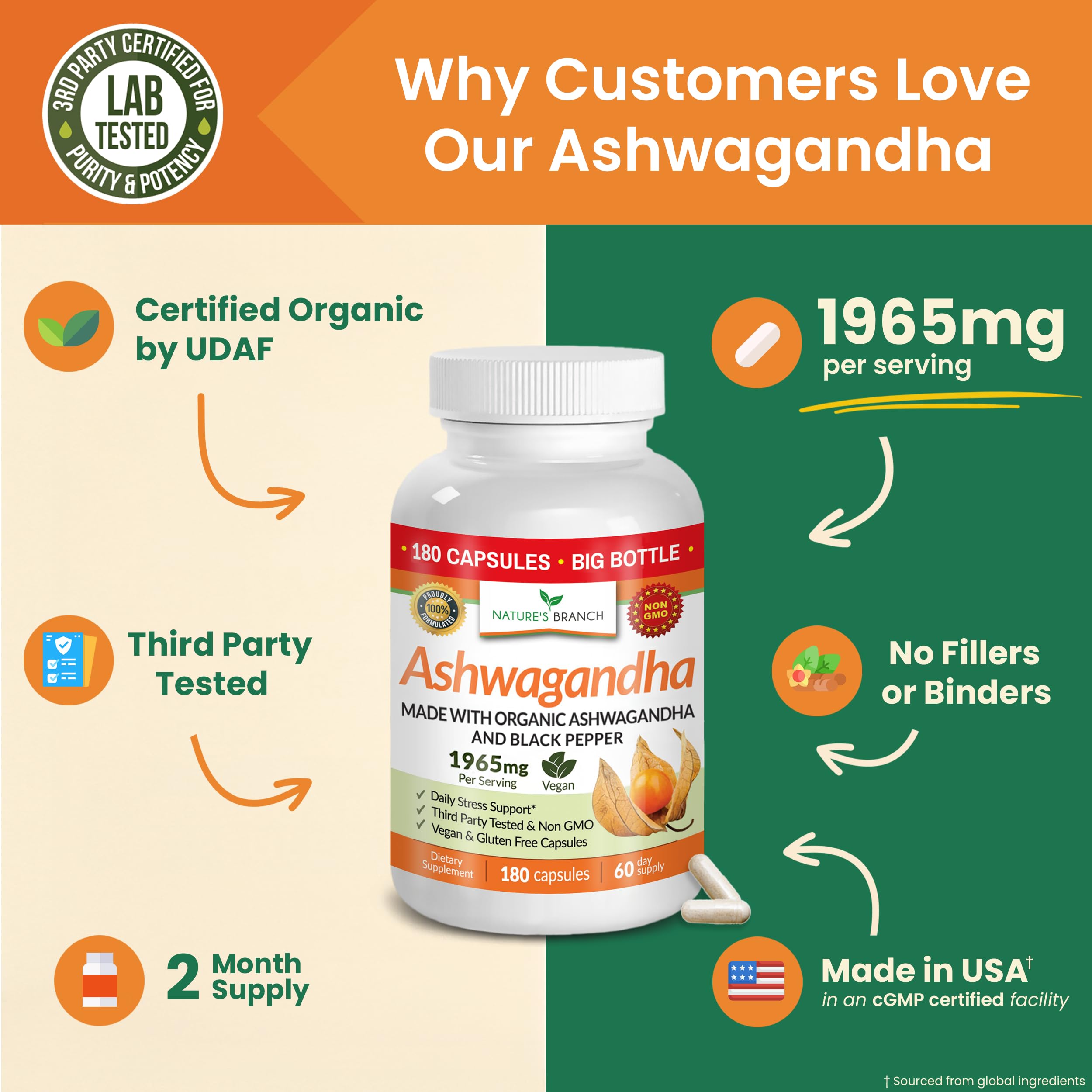NATURE'S BRANCH Ashwagandha 1965mg vegan capsules on a wooden table