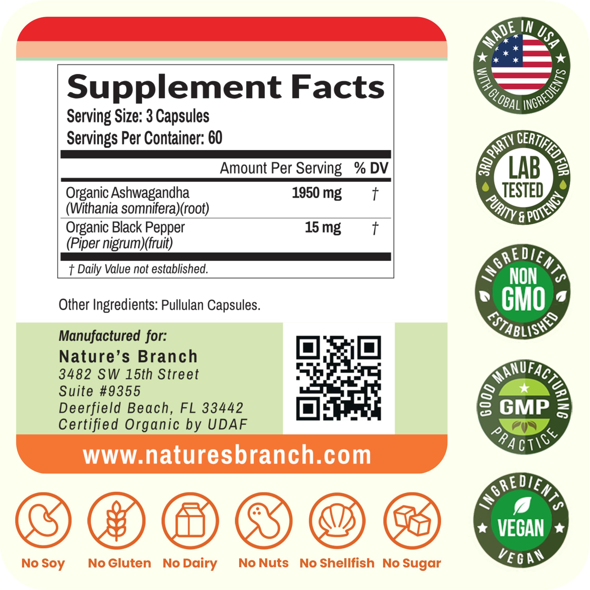 NATURE'S BRANCH Ashwagandha 1965mg vegan capsules opened bottle