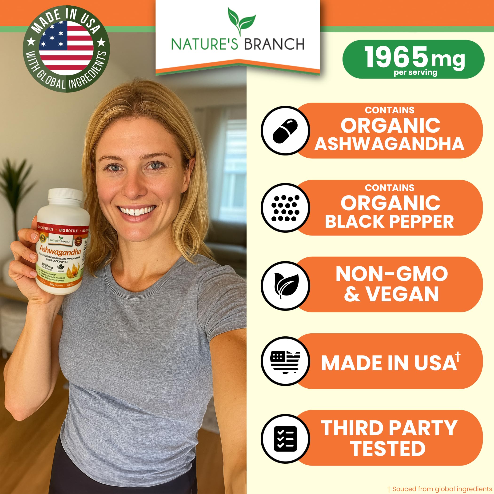 NATURE'S BRANCH Ashwagandha 1965mg vegan capsules side view