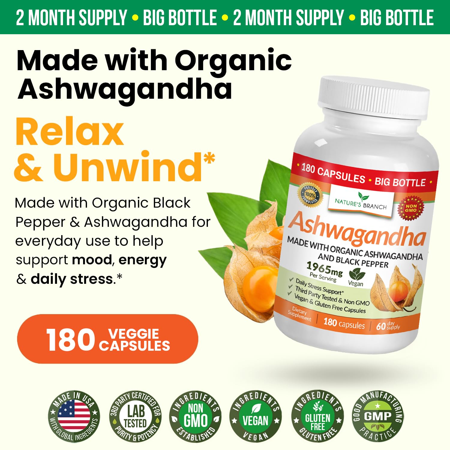 NATURE'S BRANCH Ashwagandha 1965mg vegan capsules with black pepper