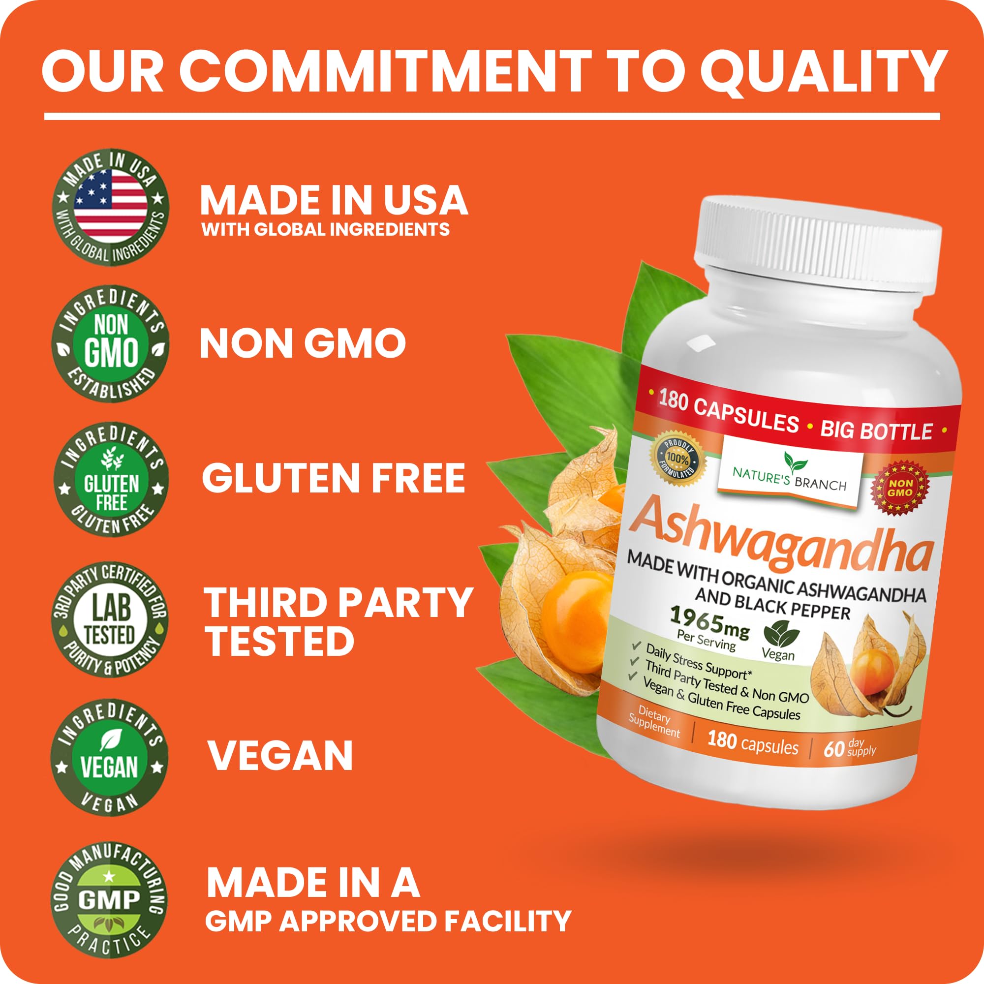 NATURE'S BRANCH Ashwagandha 1965mg vegan capsules with measuring spoon