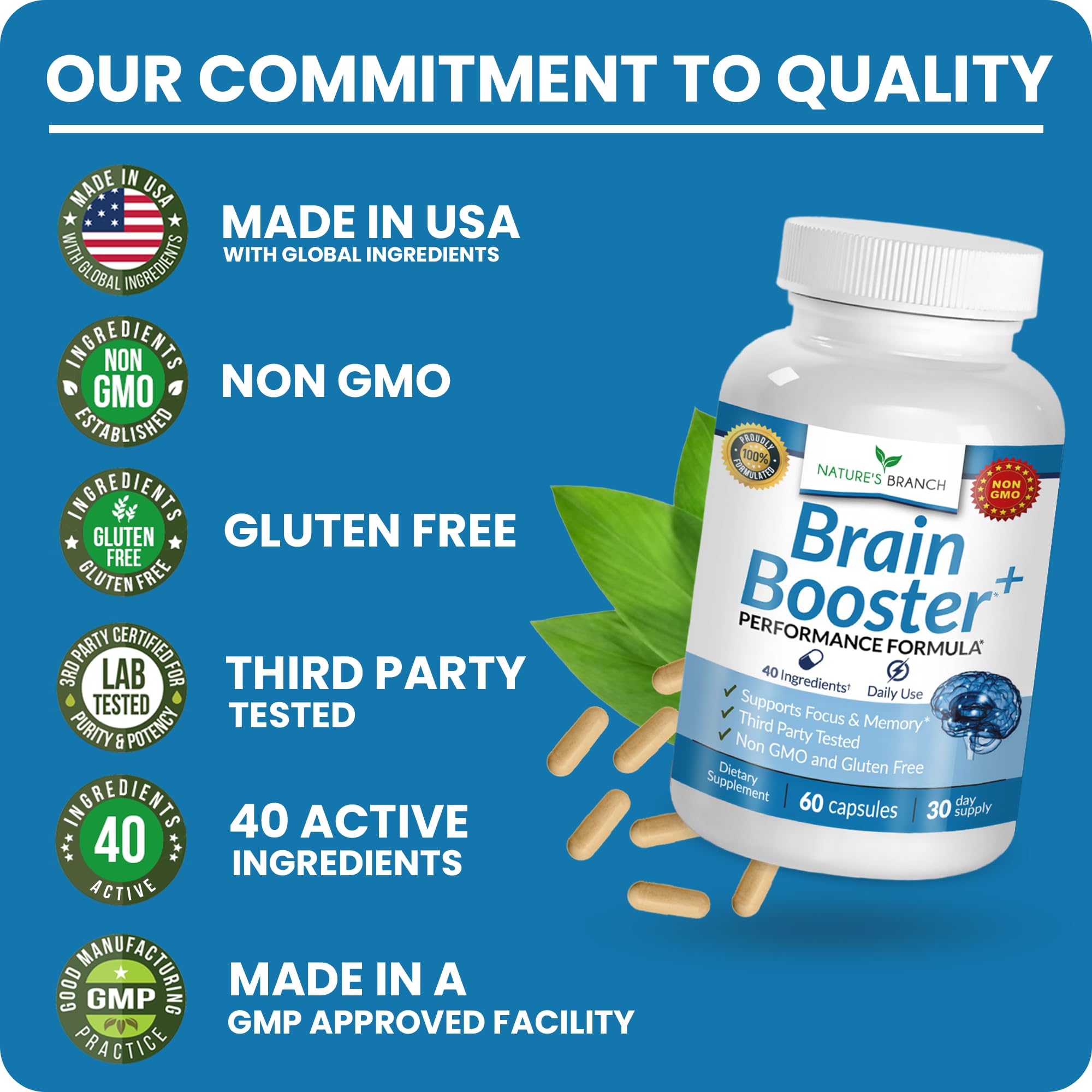NATURE'S BRANCH Brain support Supplement next to a glass of water