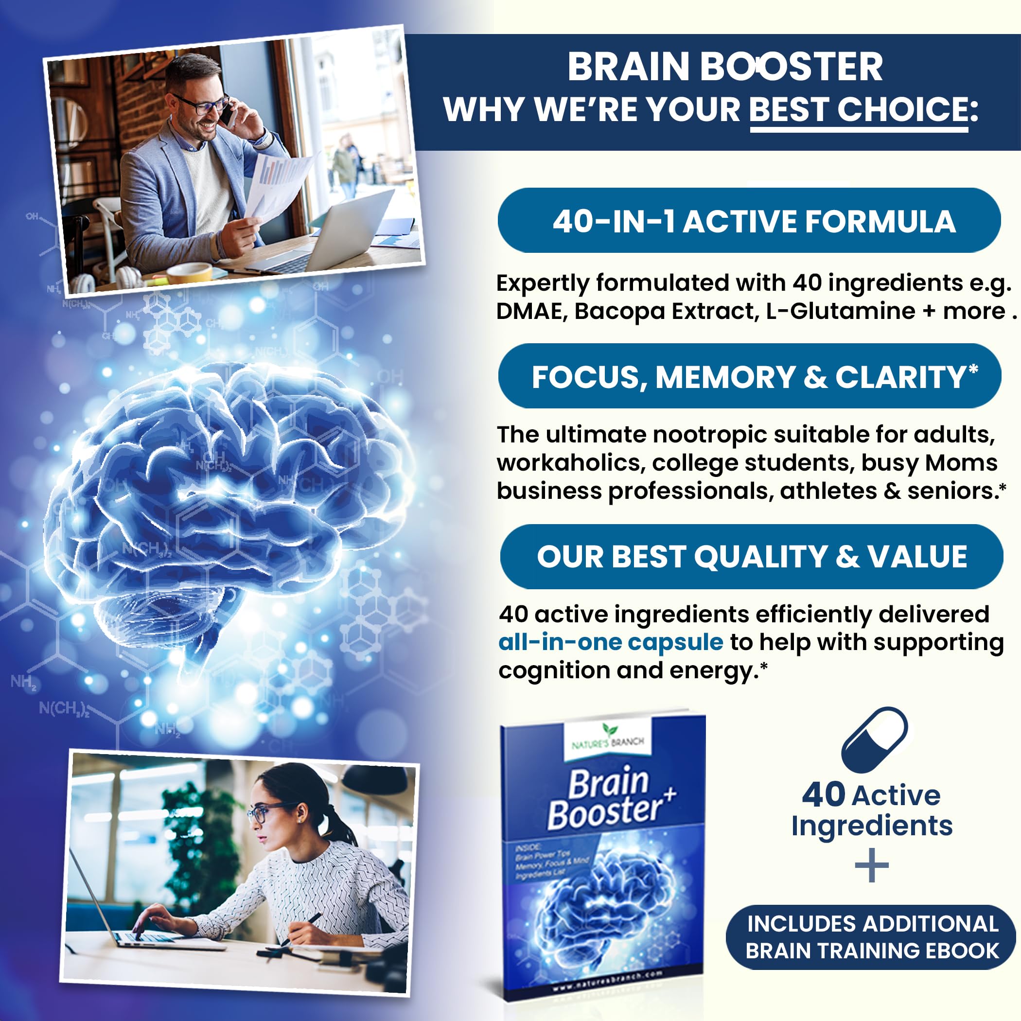 NATURE'S BRANCH Brain support Supplement packaging on a wooden table