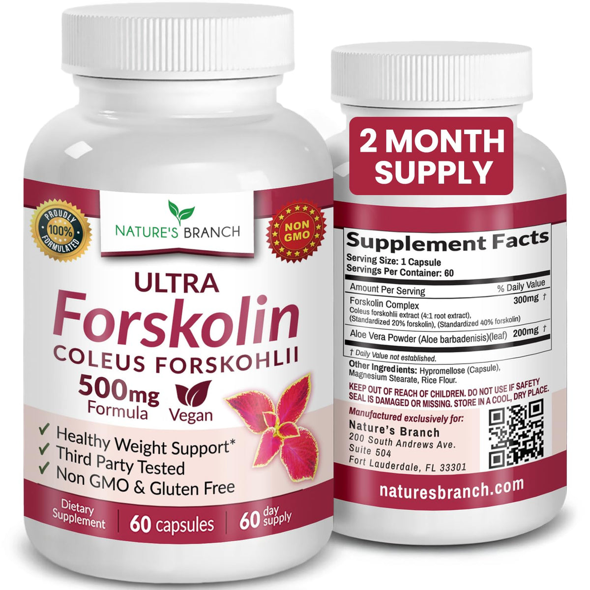 NATURE'S BRANCH Forskolin 500mg vegan capsules front view