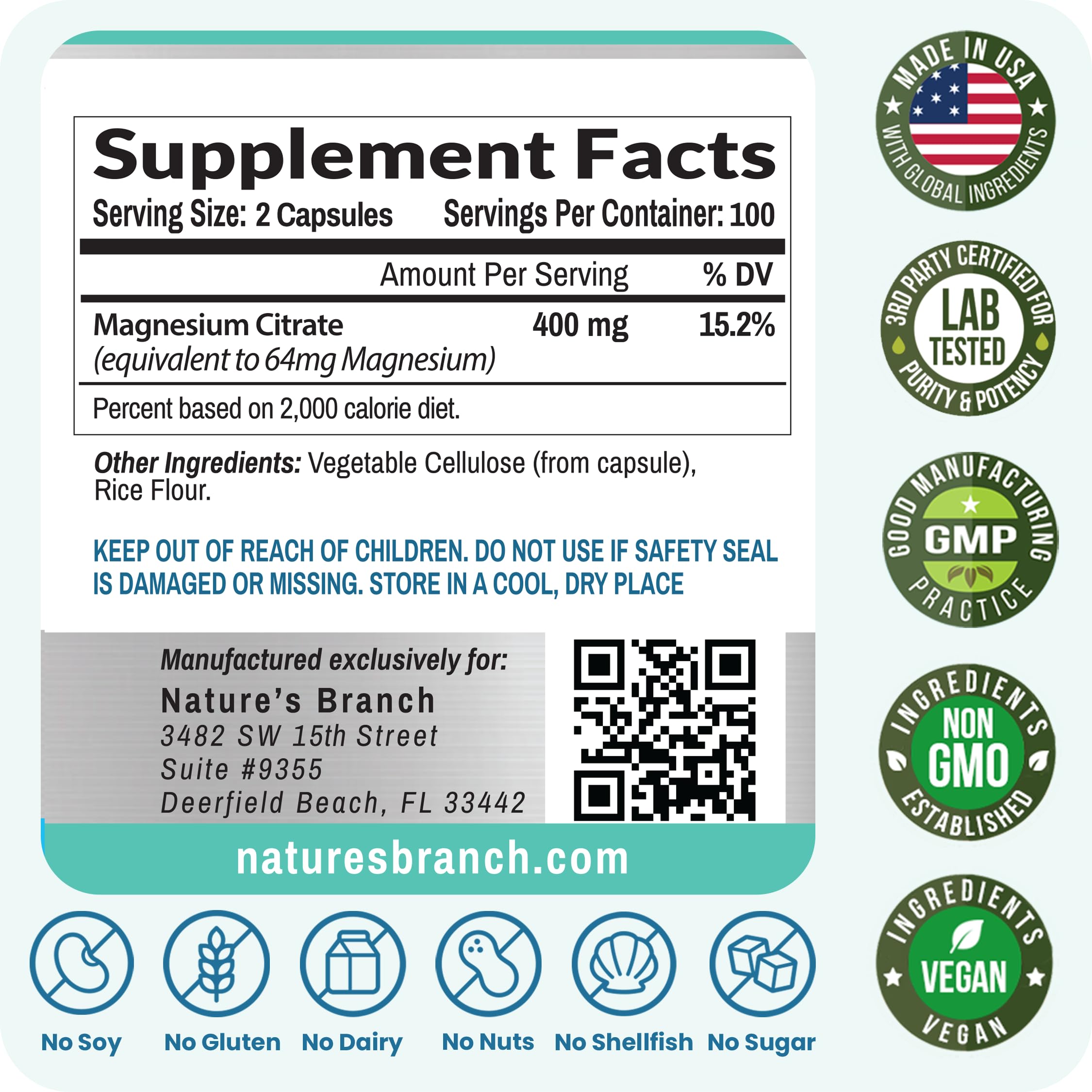 NATURE'S BRANCH Magnesium Citrate 400mg capsules close-up of capsules