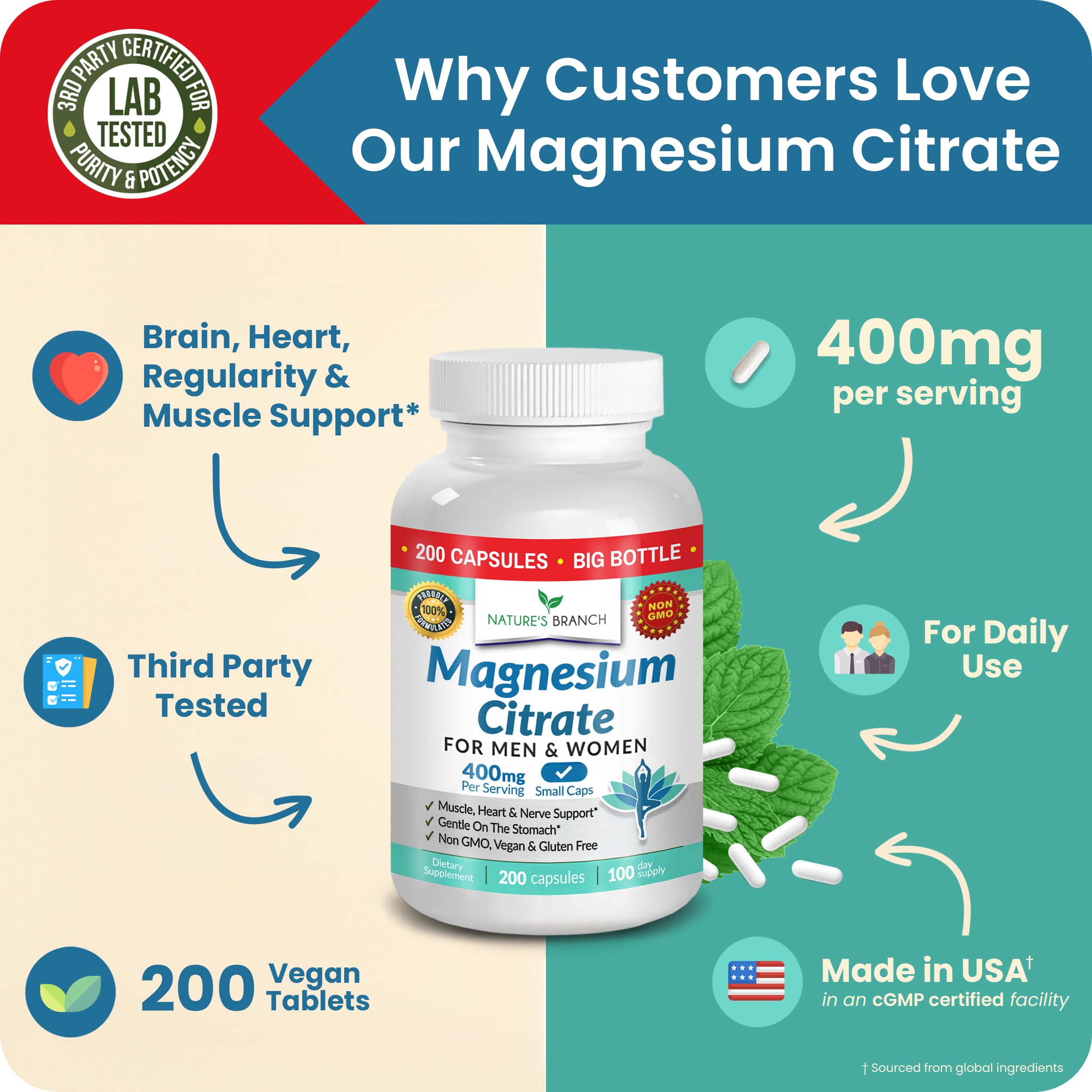 NATURE'S BRANCH Magnesium Citrate 400mg capsules on a wooden table