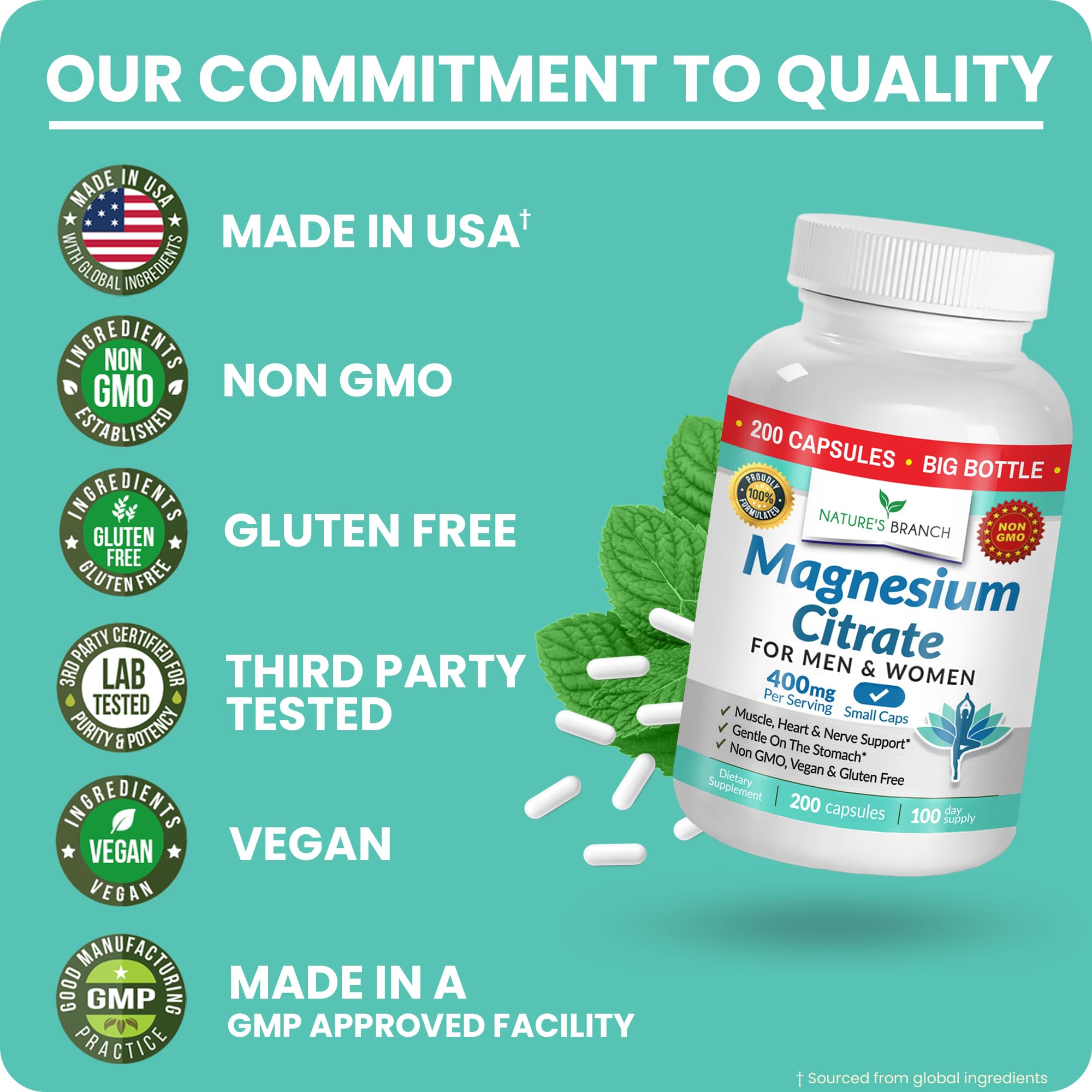 NATURE'S BRANCH Magnesium Citrate 400mg capsules with a glass of water