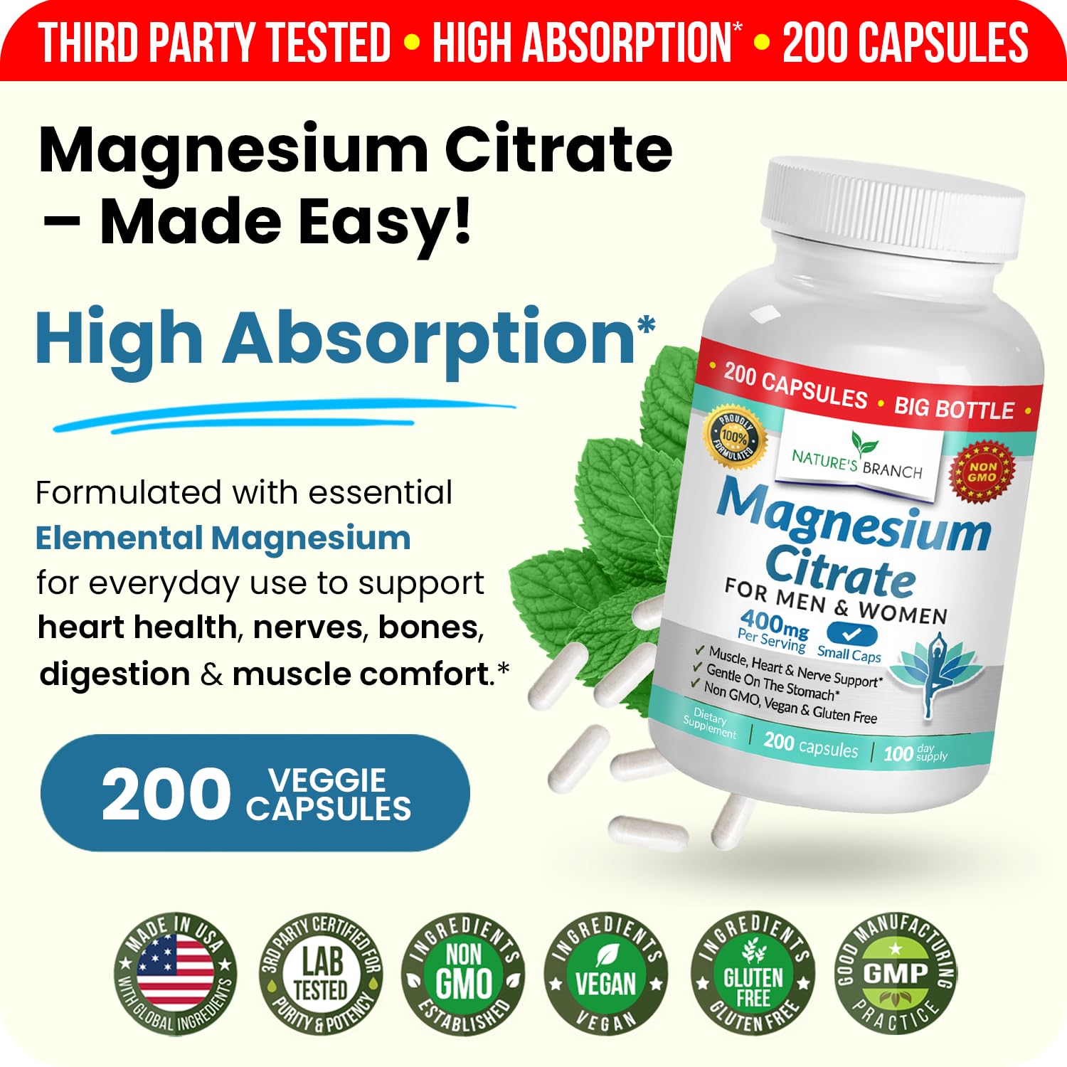 NATURE'S BRANCH Magnesium Citrate 400mg capsules with measuring spoon