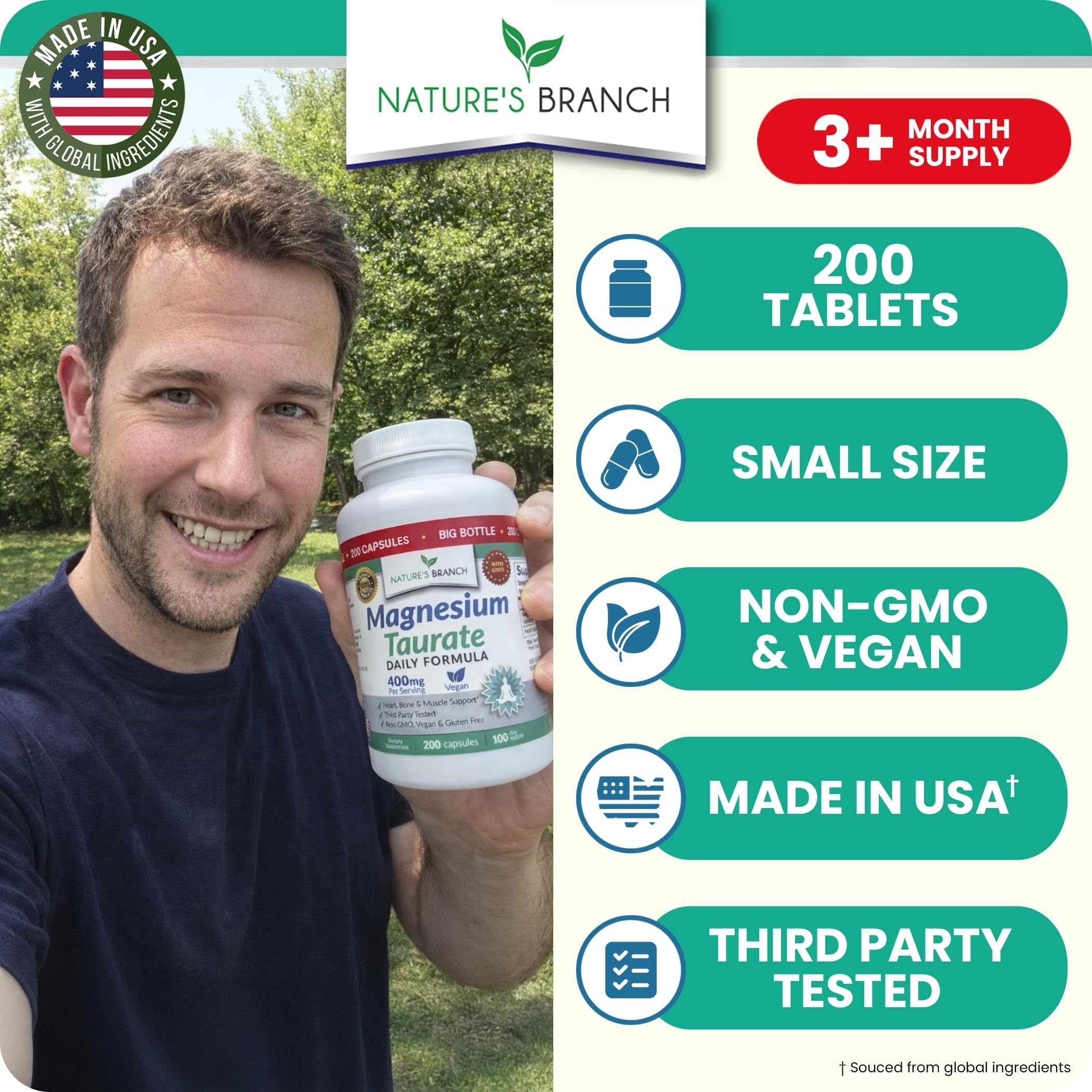 NATURE'S BRANCH Magnesium Taurate 400mg bottle side view