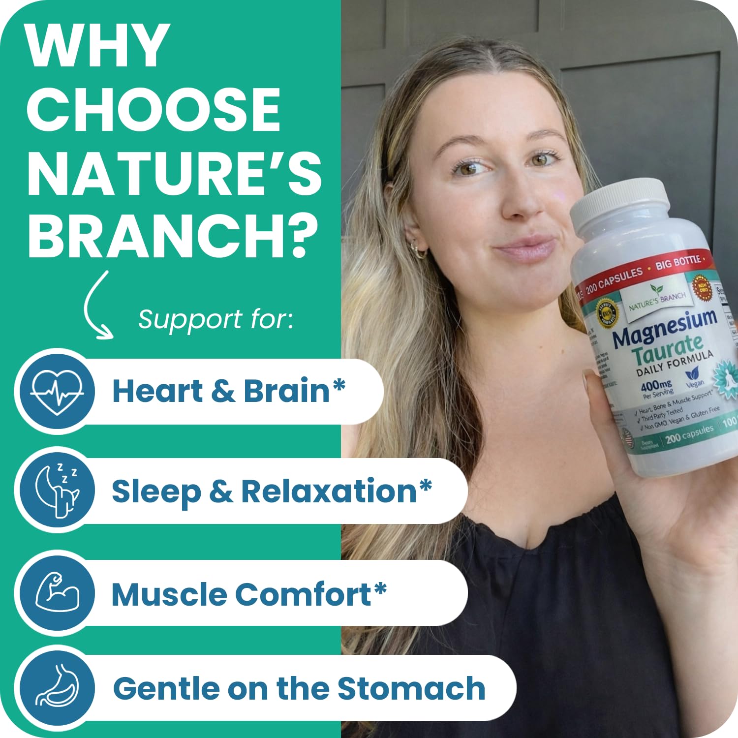 NATURE'S BRANCH Magnesium Taurate 400mg capsules close-up