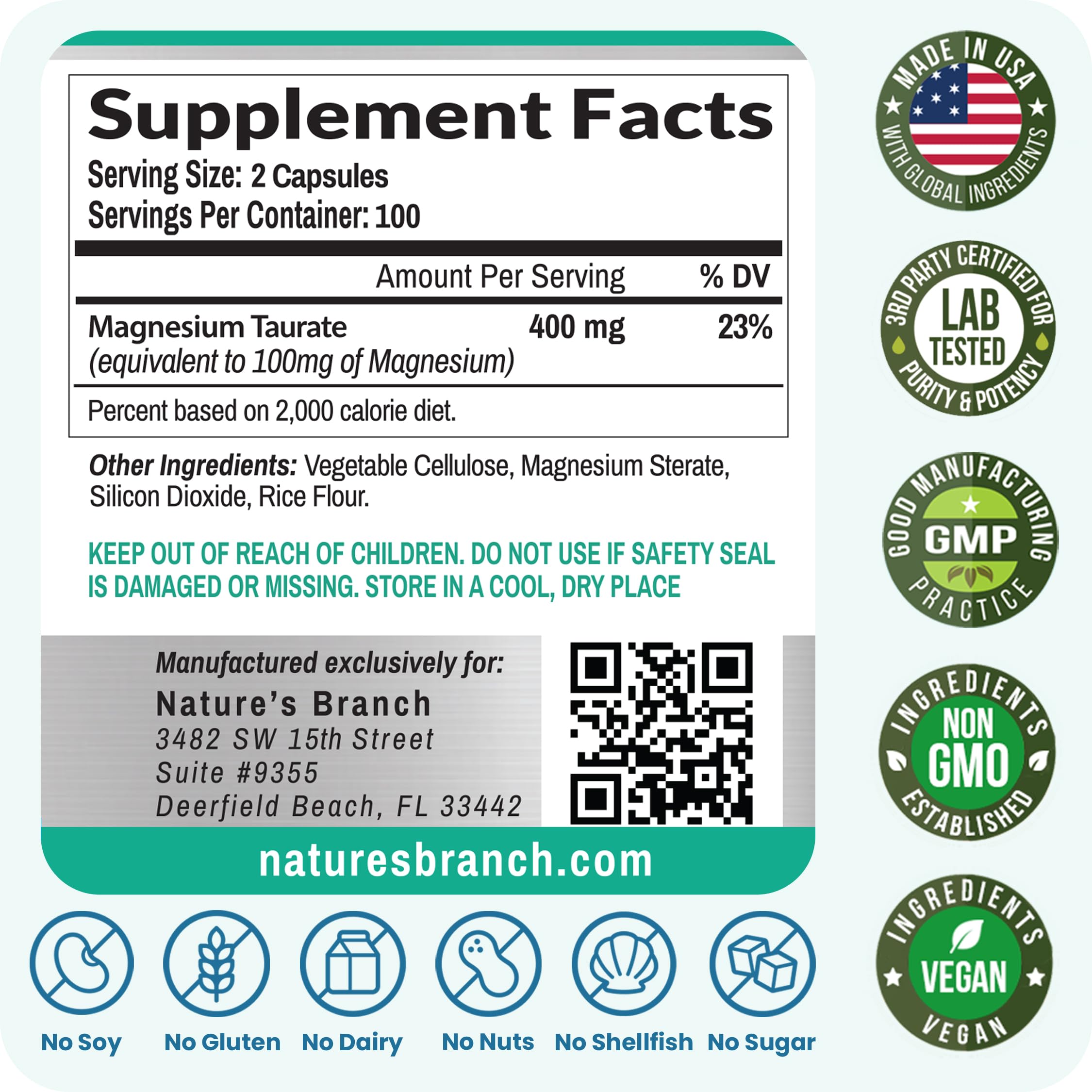 NATURE'S BRANCH Magnesium Taurate 400mg capsules on a wooden table