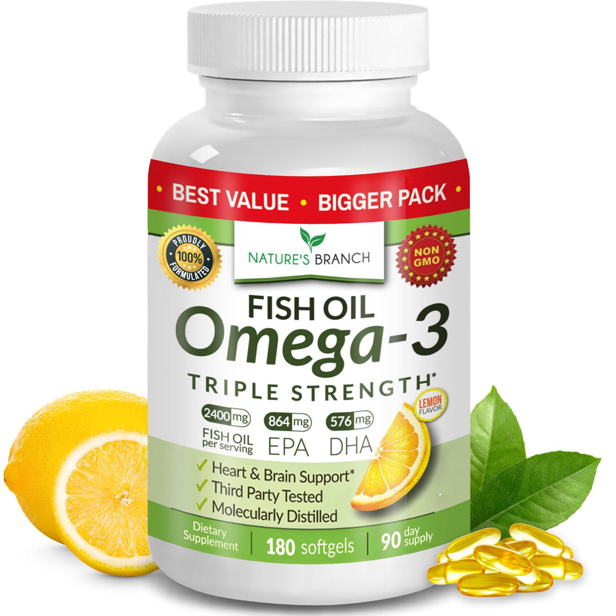 NATURE'S BRANCH Omega-3 Fish Oil 2400mg softgels bottle front view