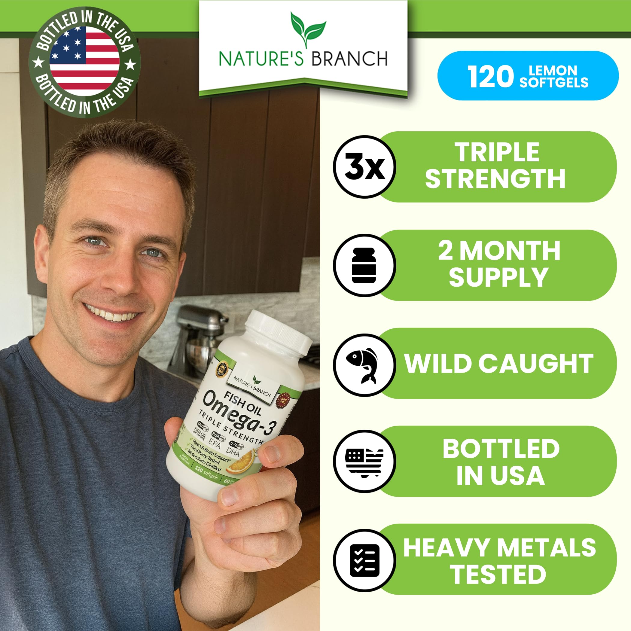 NATURE'S BRANCH Omega 3 Fish Oil Softgels 2400mg bottle side view