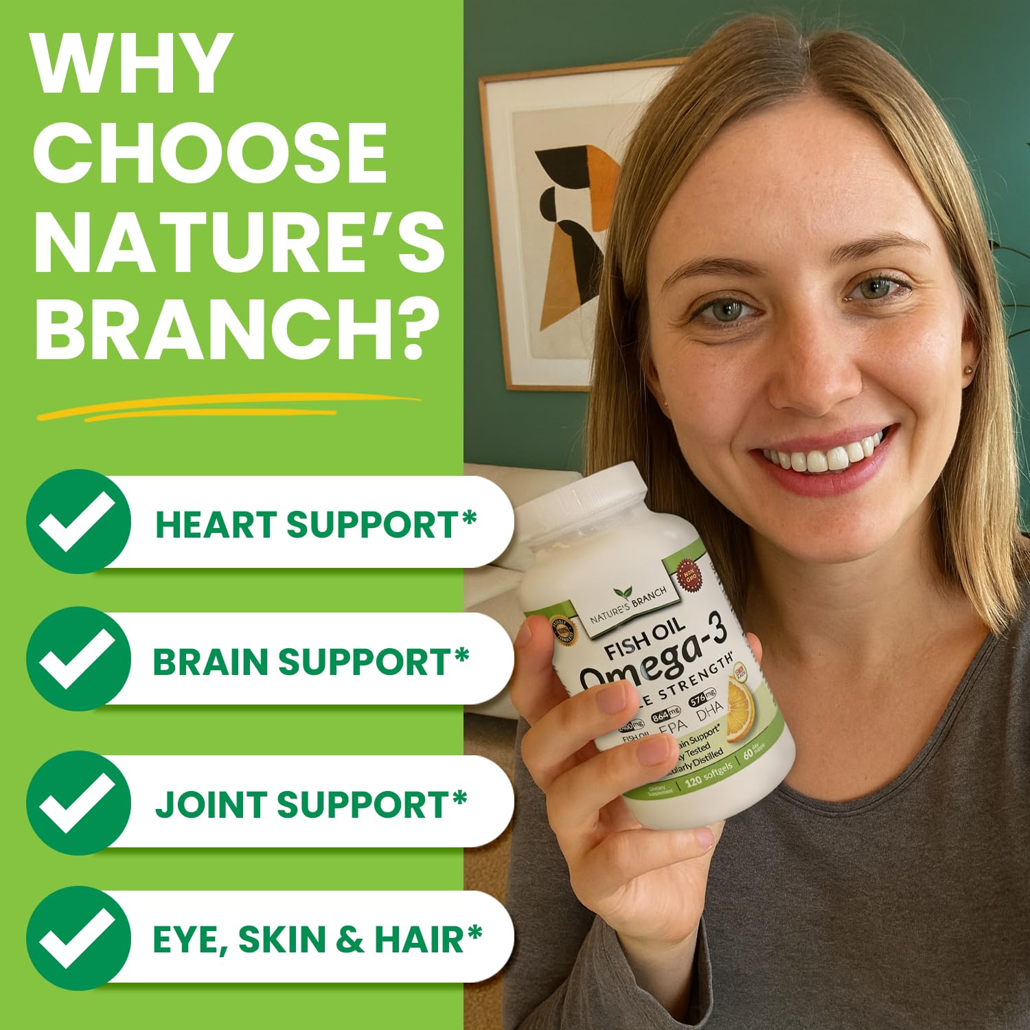NATURE'S BRANCH Omega 3 Fish Oil Softgels 2400mg capsules close-up