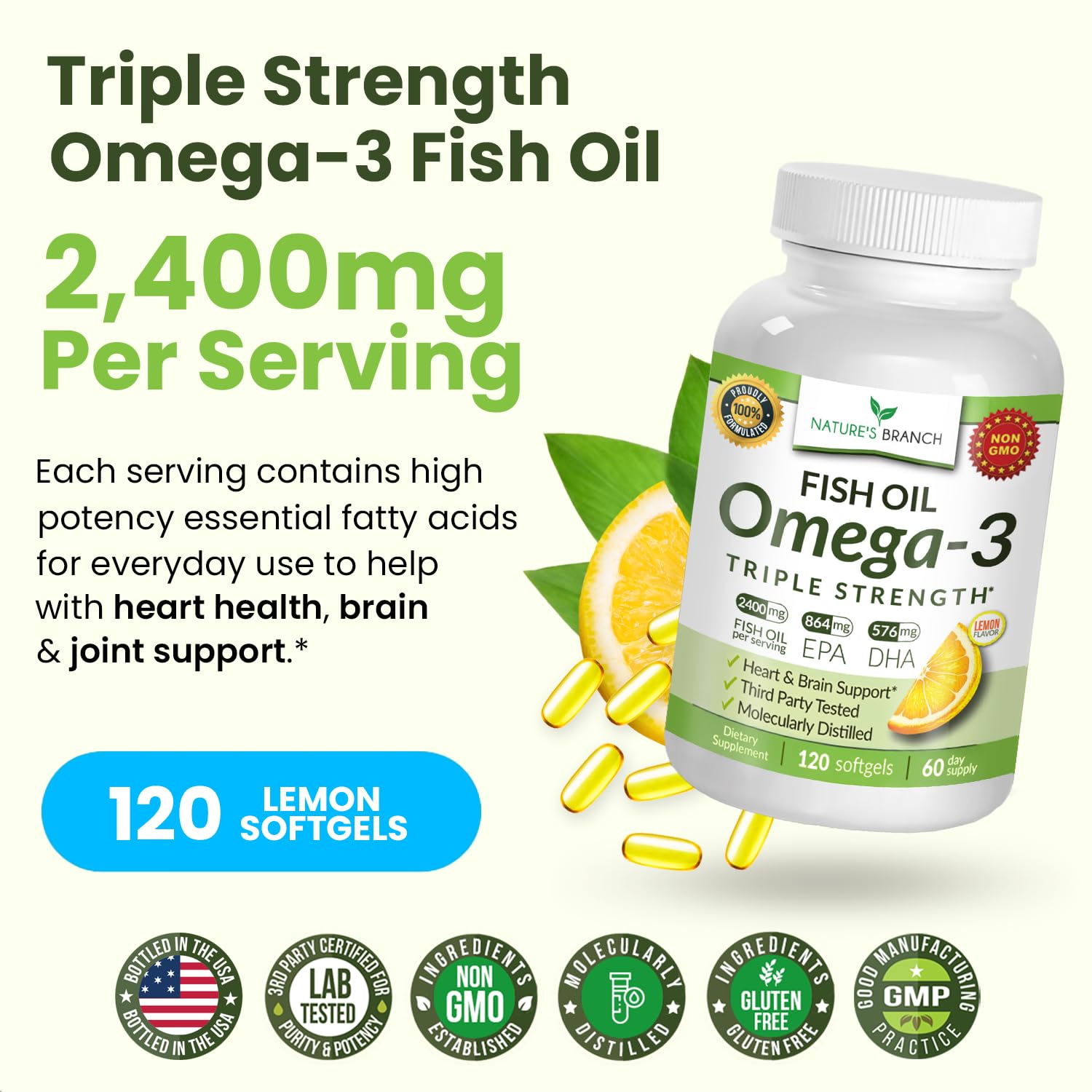 NATURE'S BRANCH Omega 3 Fish Oil Softgels 2400mg on a wooden table