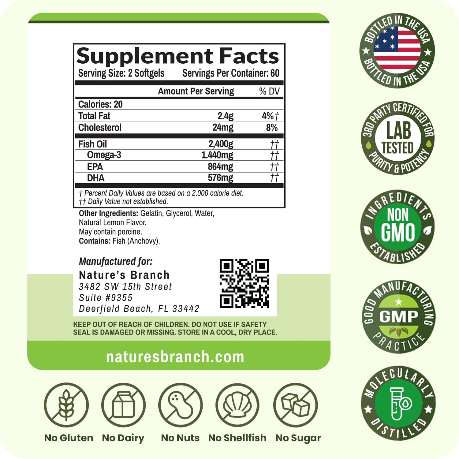 NATURE'S BRANCH Omega 3 Fish Oil Softgels 2400mg with lemon