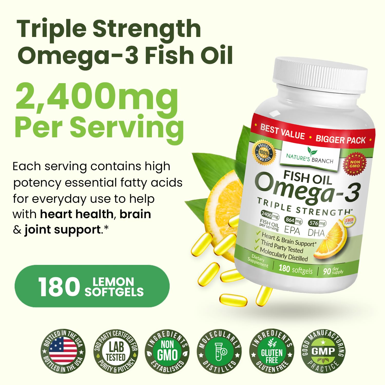 NATURE'S BRANCH Omega-3 Fish Oil softgels on a white background
