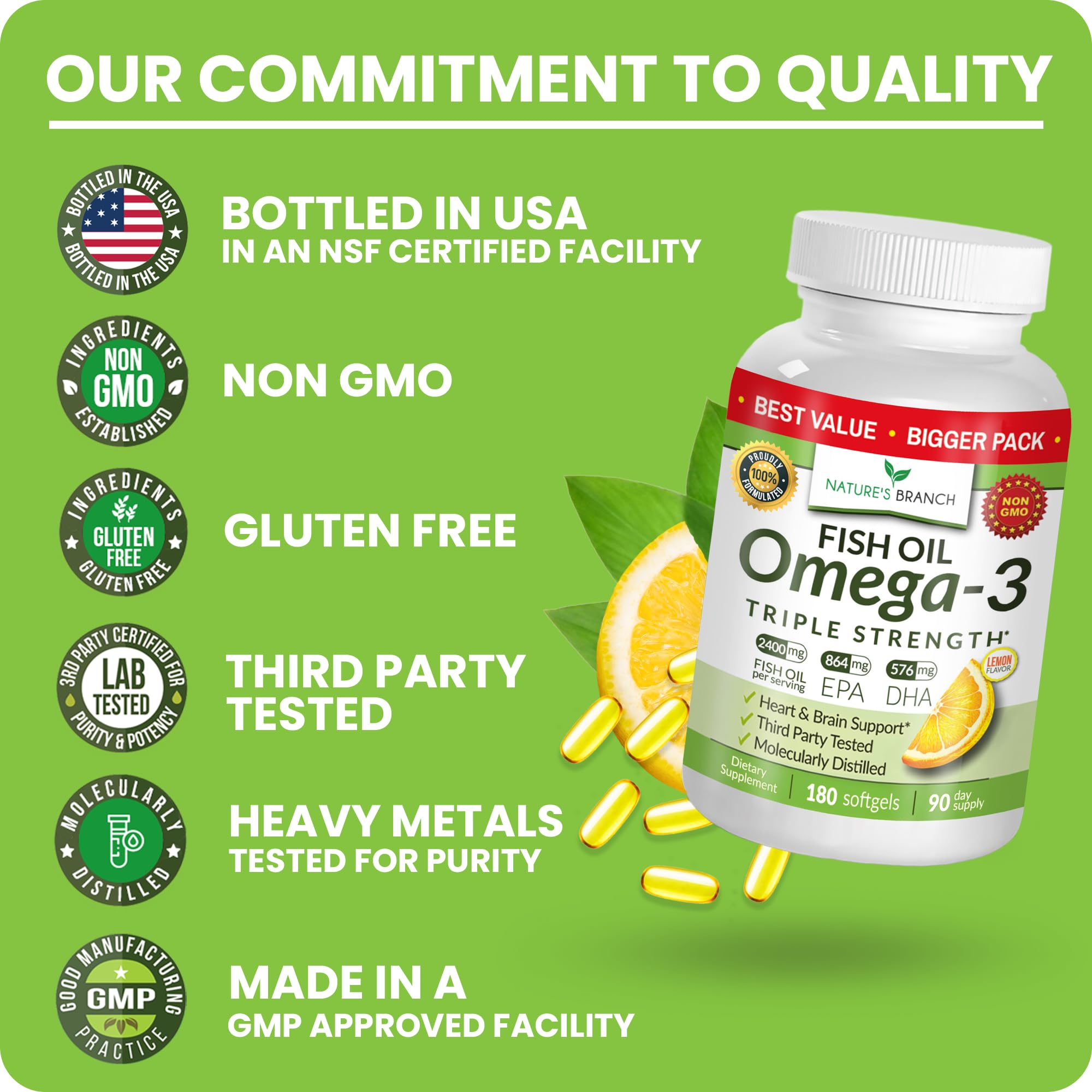 NATURE'S BRANCH Omega-3 Fish Oil softgels opened bottle