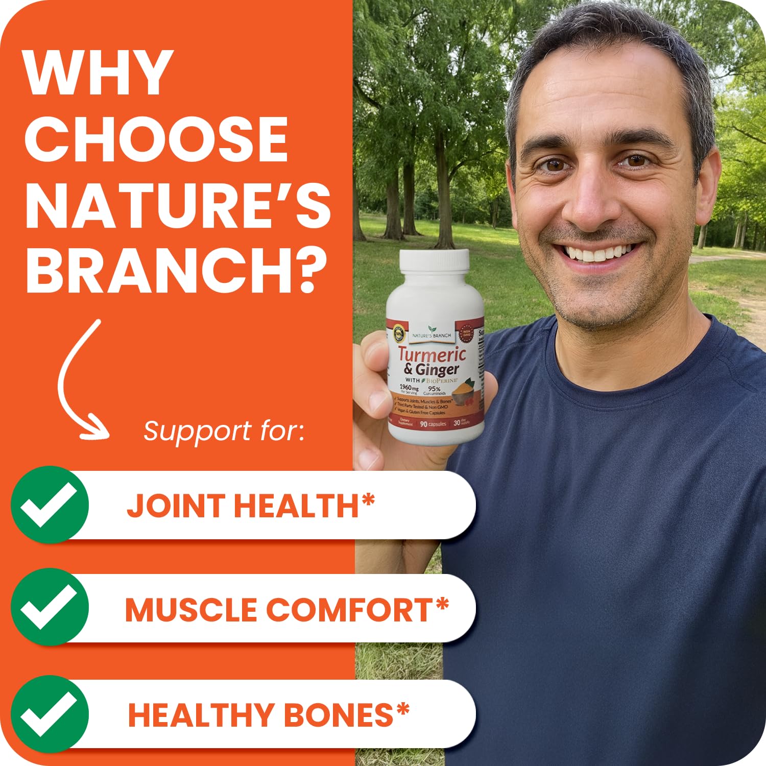 NATURE'S BRANCH Turmeric and Ginger Supplement back view with ingredient list