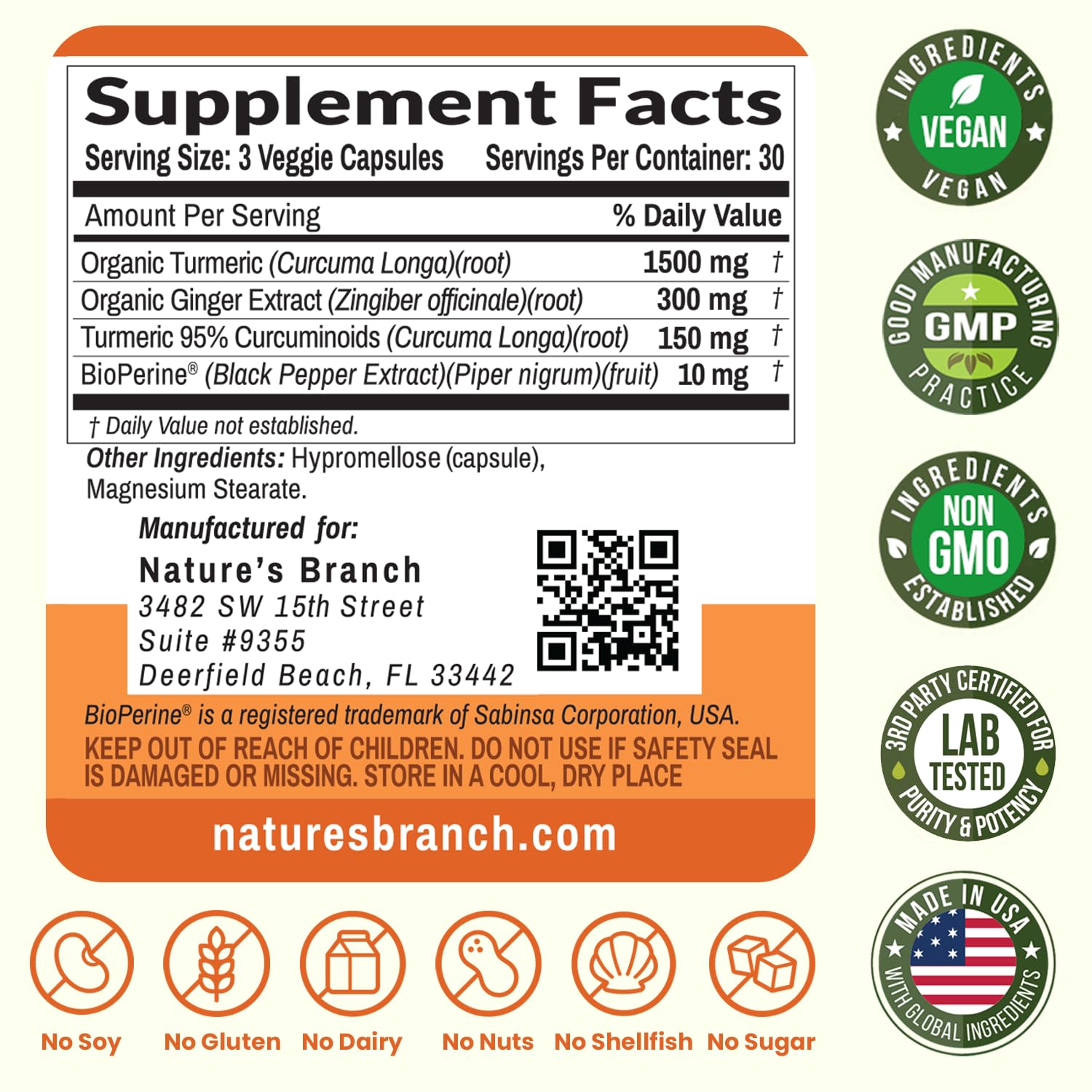NATURE'S BRANCH Turmeric and Ginger Supplement packaging details