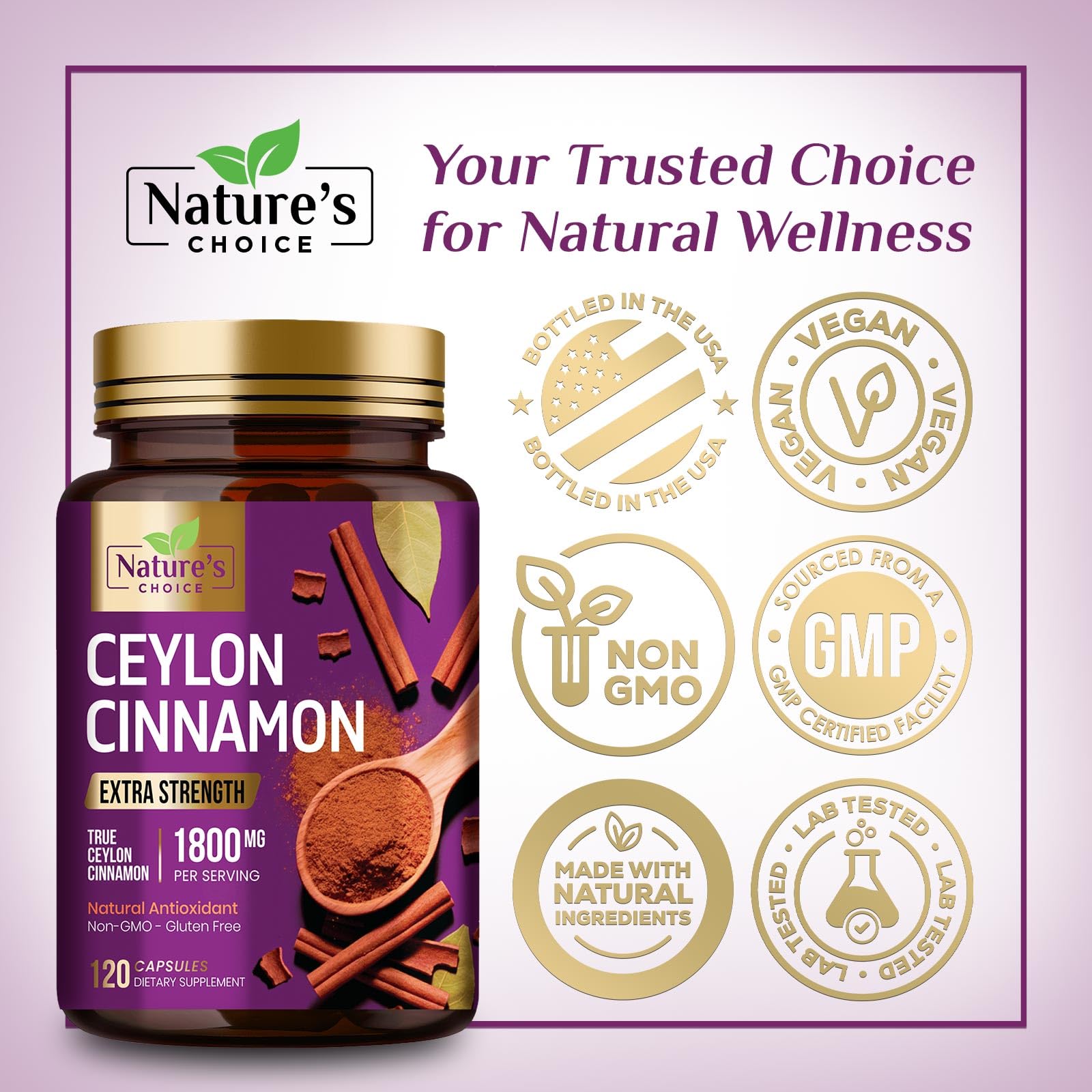 Nature's Choice Ceylon Cinnamon Capsules 1800mg capsules on a wooden surface