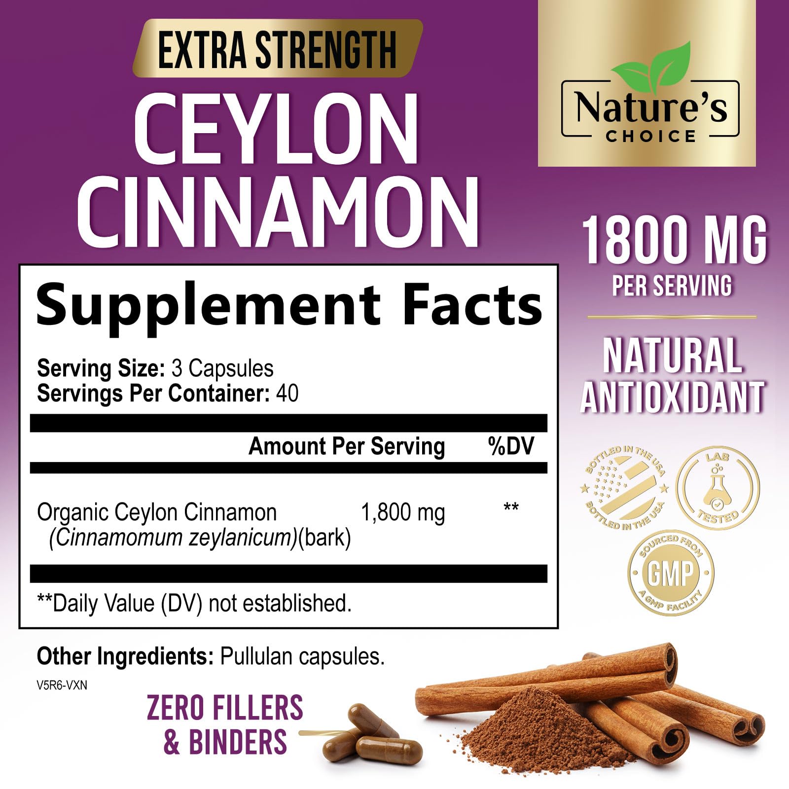 Nature's Choice Ceylon Cinnamon Capsules 1800mg side view