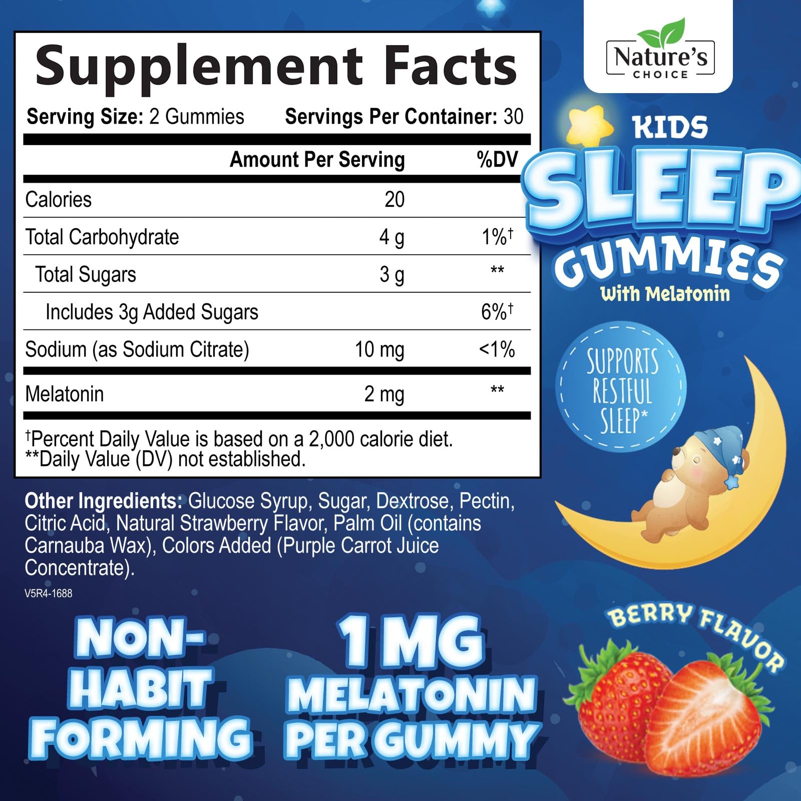 Nature's Choice Kids Melatonin Gummies 2mg Berry Flavour side view