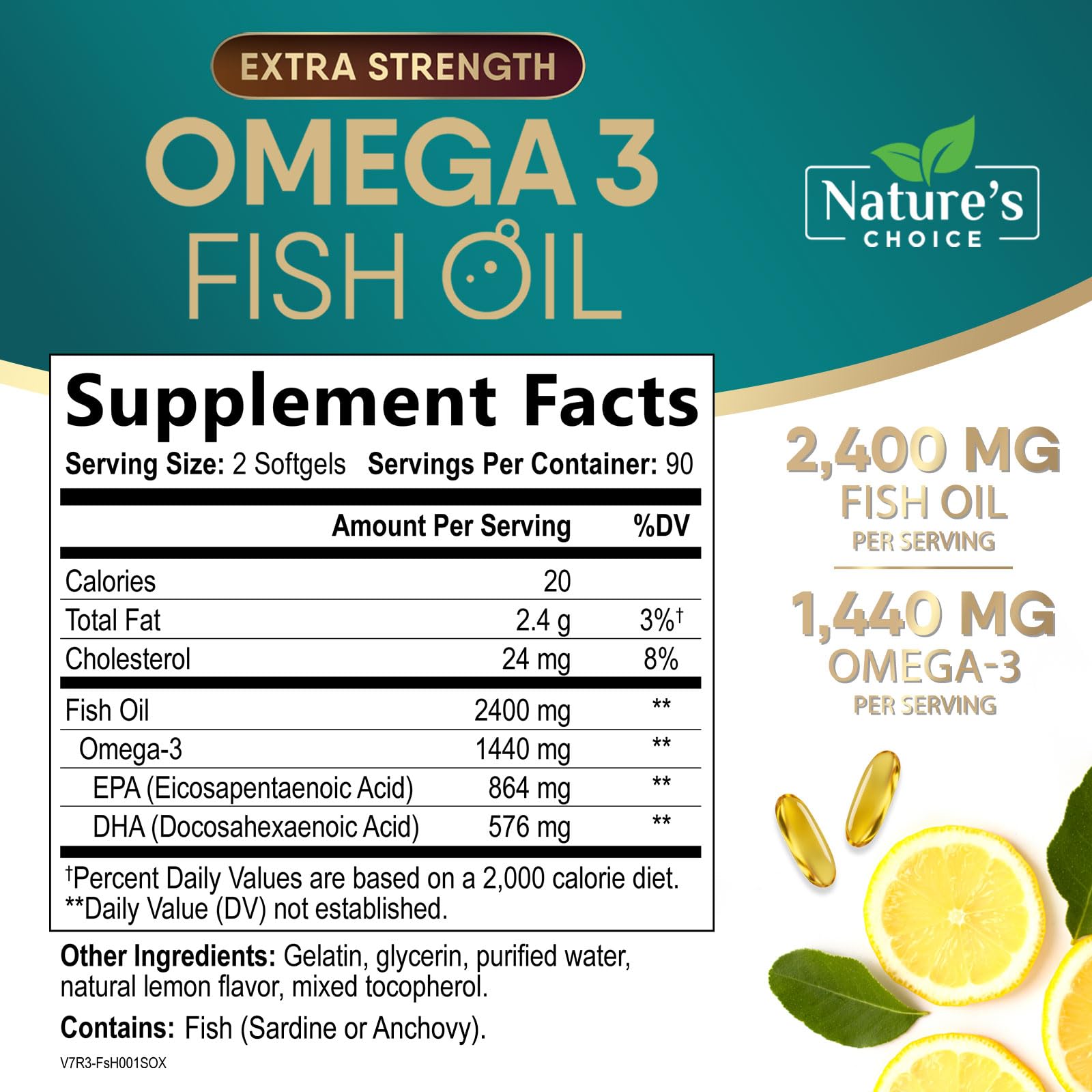 Nature's Choice Omega-3 Fish Oil Triple Strength 2400mg softgel bottle side view