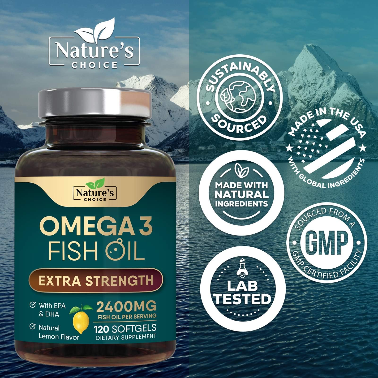 Nature's Choice Omega-3 Fish Oil Triple Strength 2400mg softgel with ingredients list