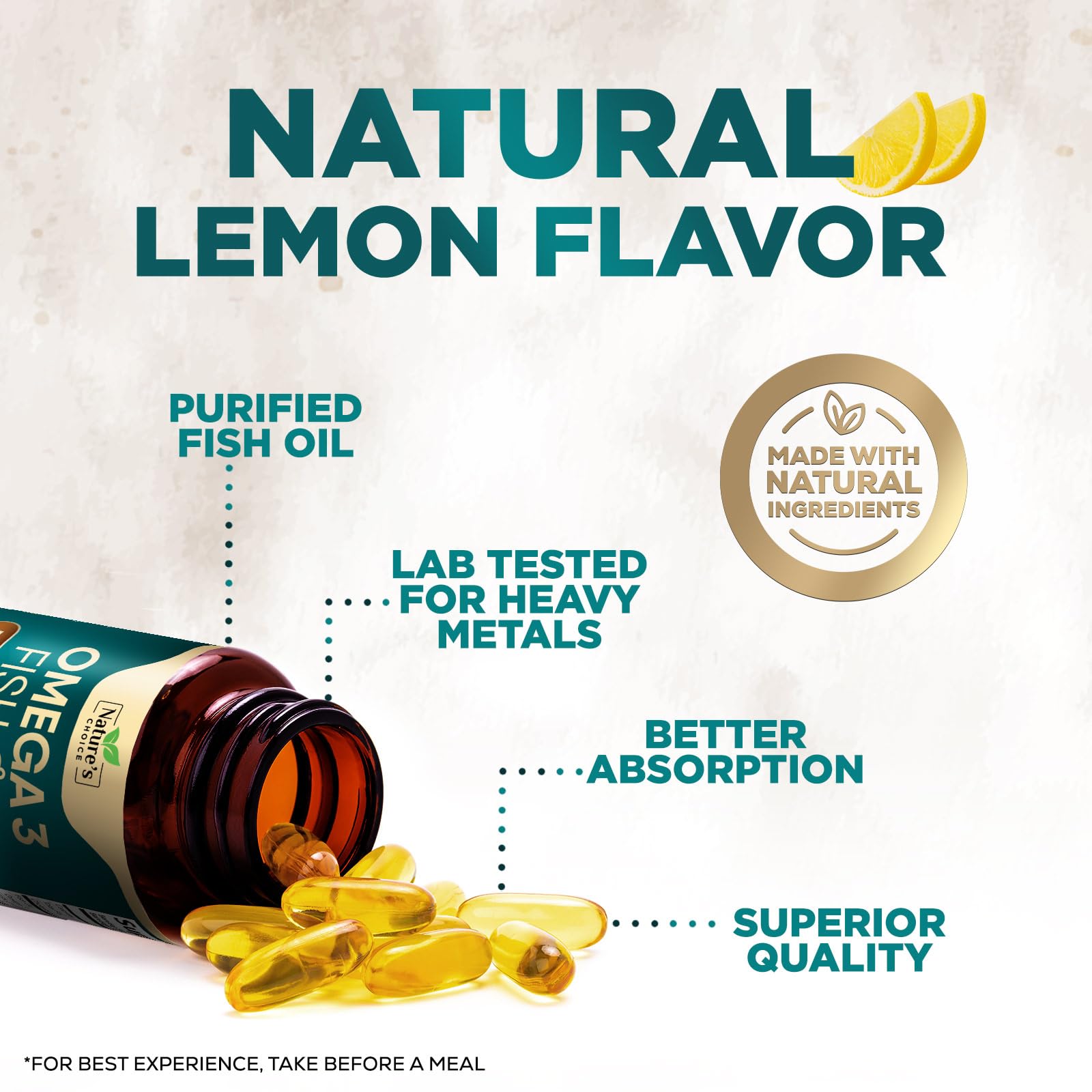 Nature's Choice Omega-3 Fish Oil Triple Strength 2400mg softgels on a table
