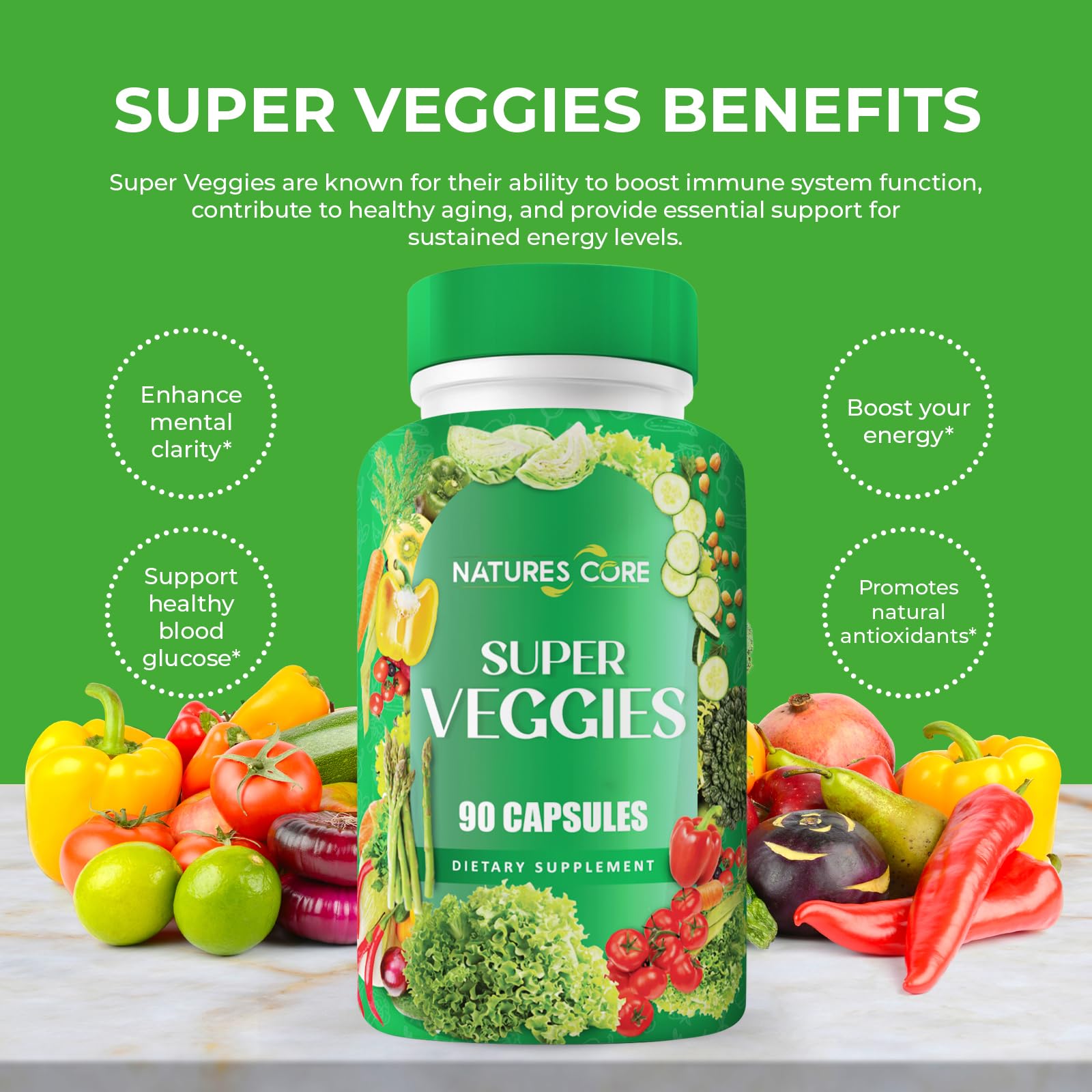 Nature's Core Fruit and Veggies Supplement capsule on a wooden table