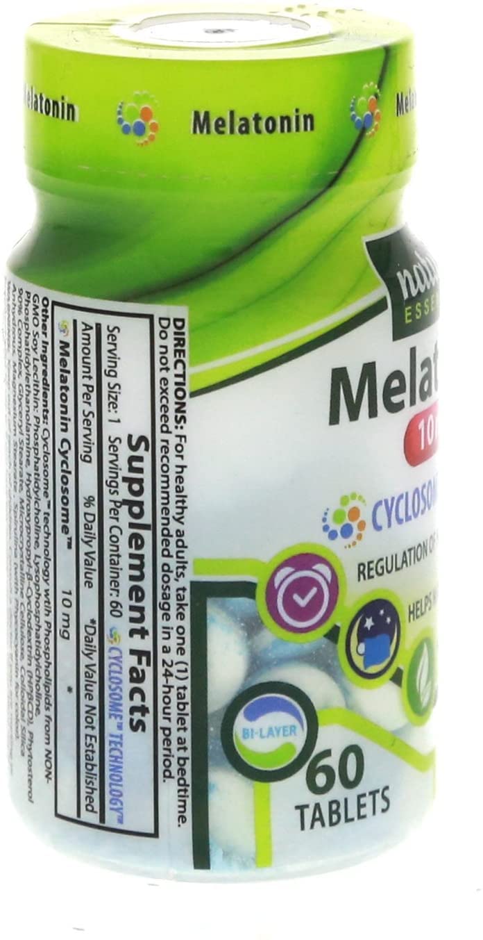 NATURE'S ESSENTIALS Melatonin 10mg Bi-Layer Sleep Supplement on a nightstand
