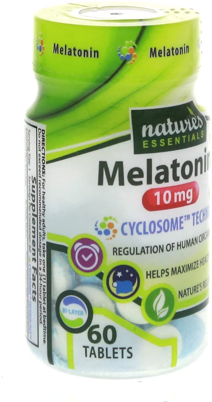 NATURE'S ESSENTIALS Melatonin 10mg Bi-Layer Sleep Supplement with a glass of water