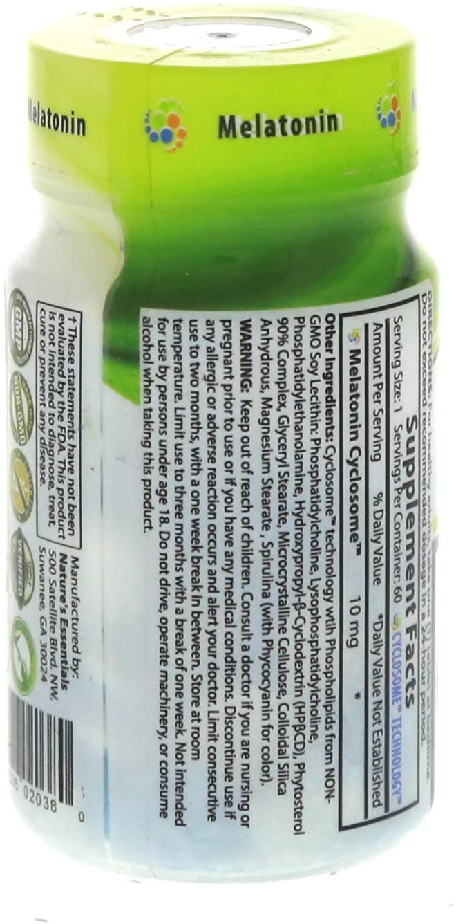 NATURE'S ESSENTIALS Melatonin 10mg displayed with natural ingredients