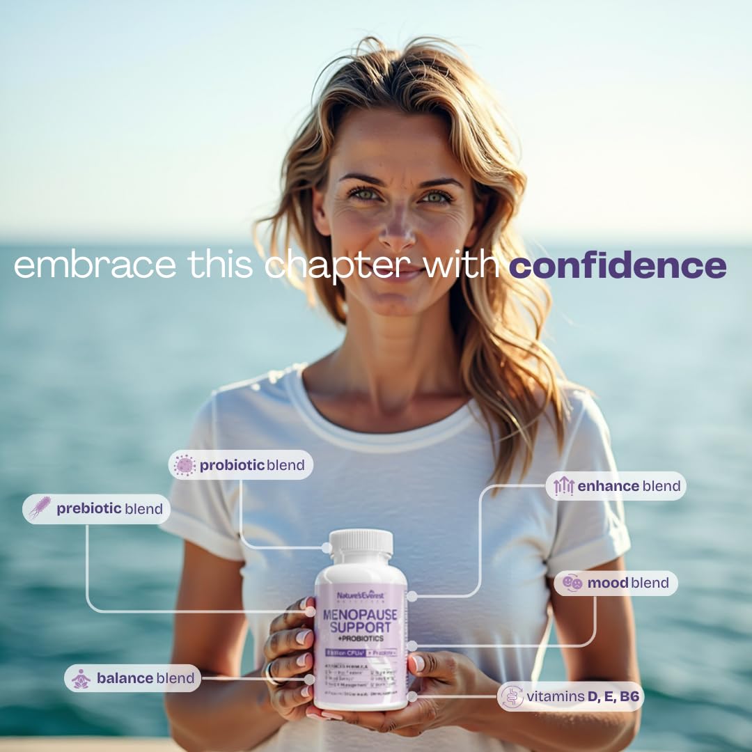 Nature's Everest Menopause Support Capsules on a wooden table