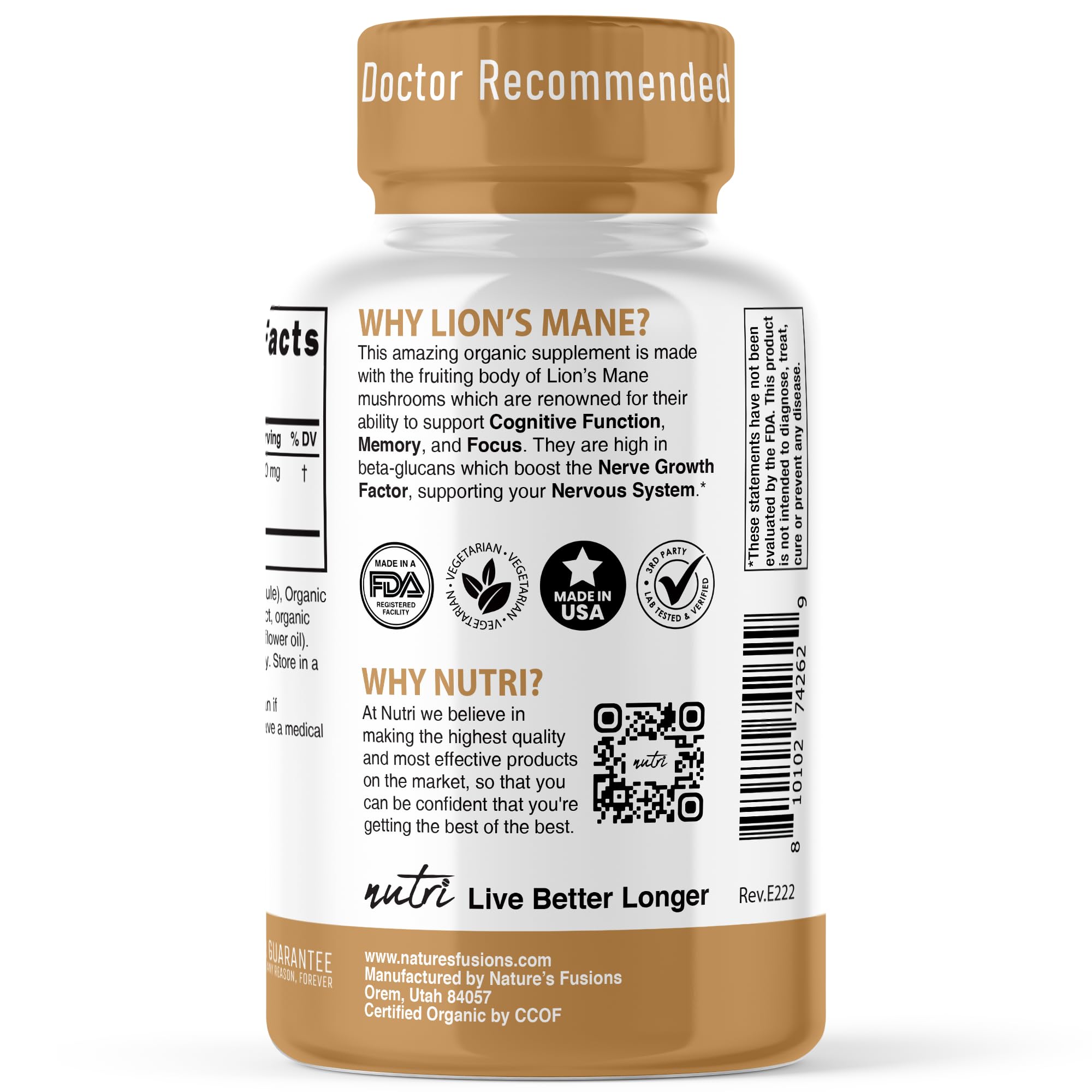 Nature's Fusions Lion's Mane Mushroom Supplement bottle with organic ingredients
