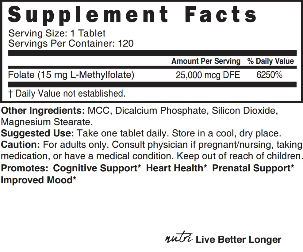 Nature's Fusions Methylated Folate 15MG label details