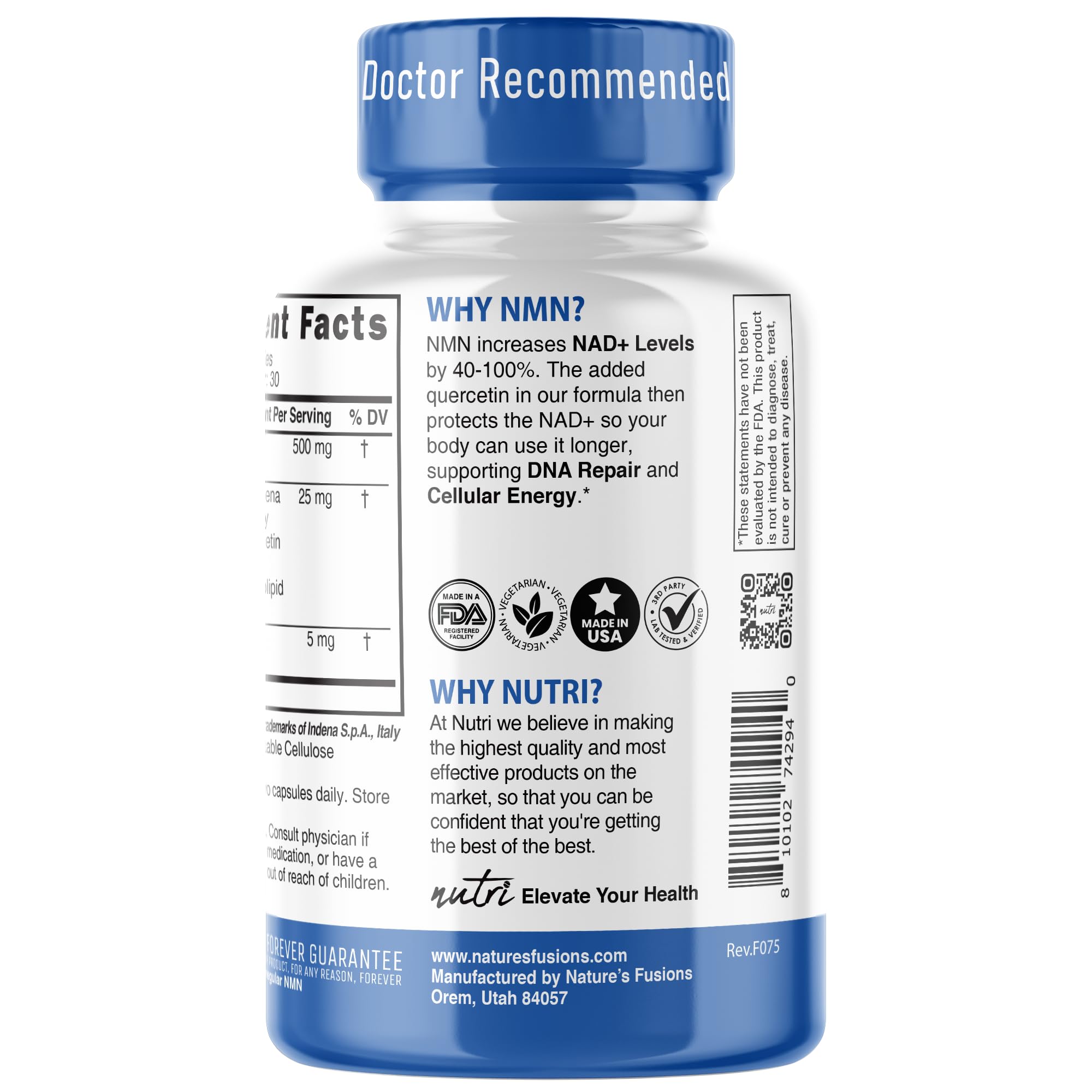 Nature's Fusions NMN 500mg Quercetin Supplement Capsules with a measuring spoon