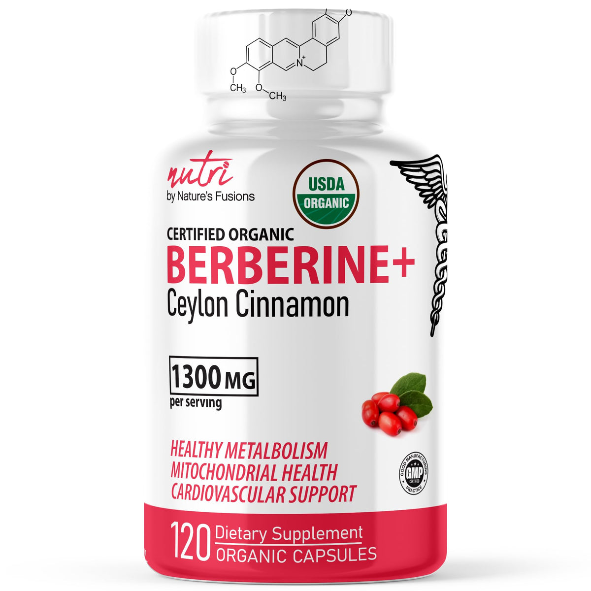 Nature's Fusions Organic Berberine with Ceylon Cinnamon 120 capsules front view