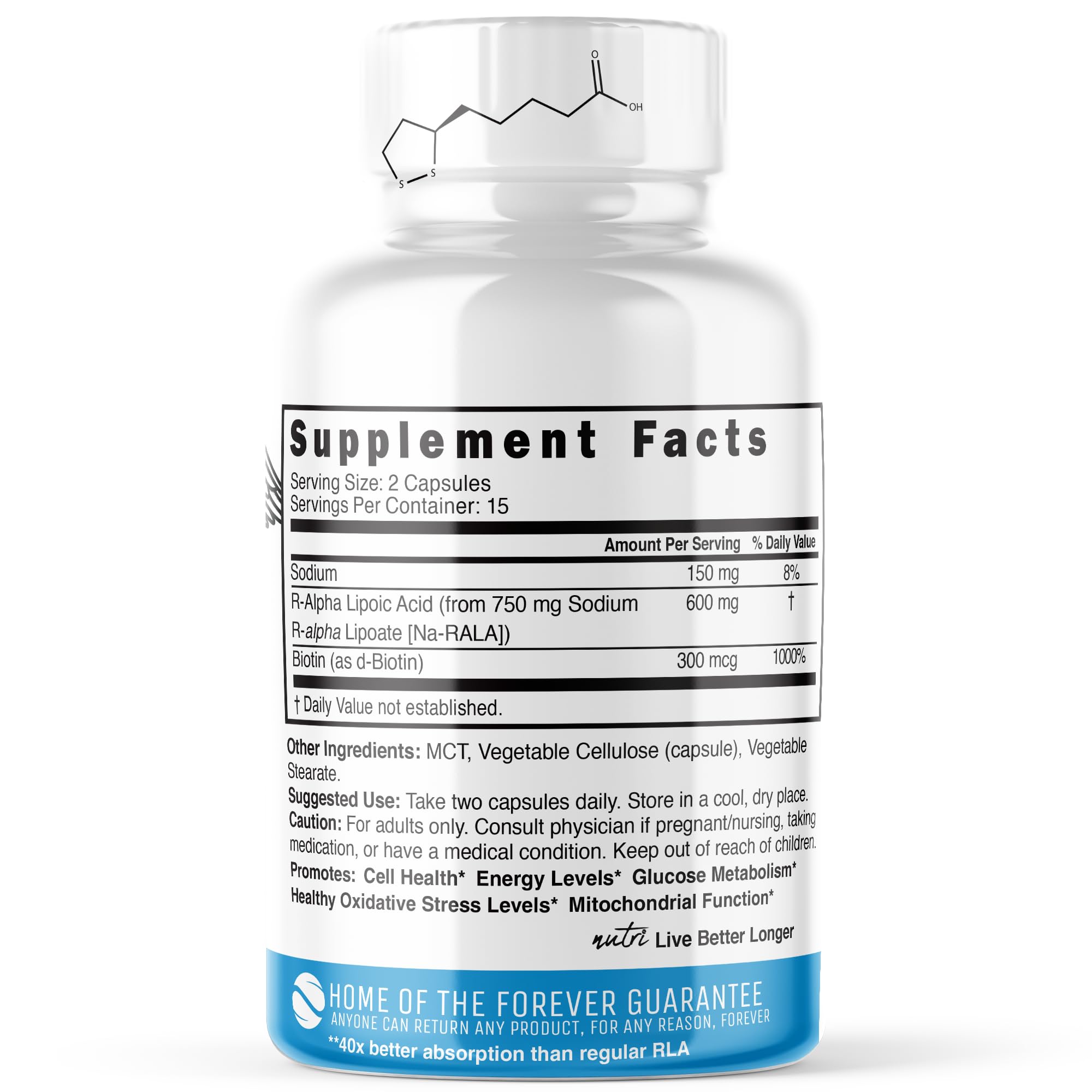 Nature's Fusions R Alpha Lipoic Acid 600mg capsules side view