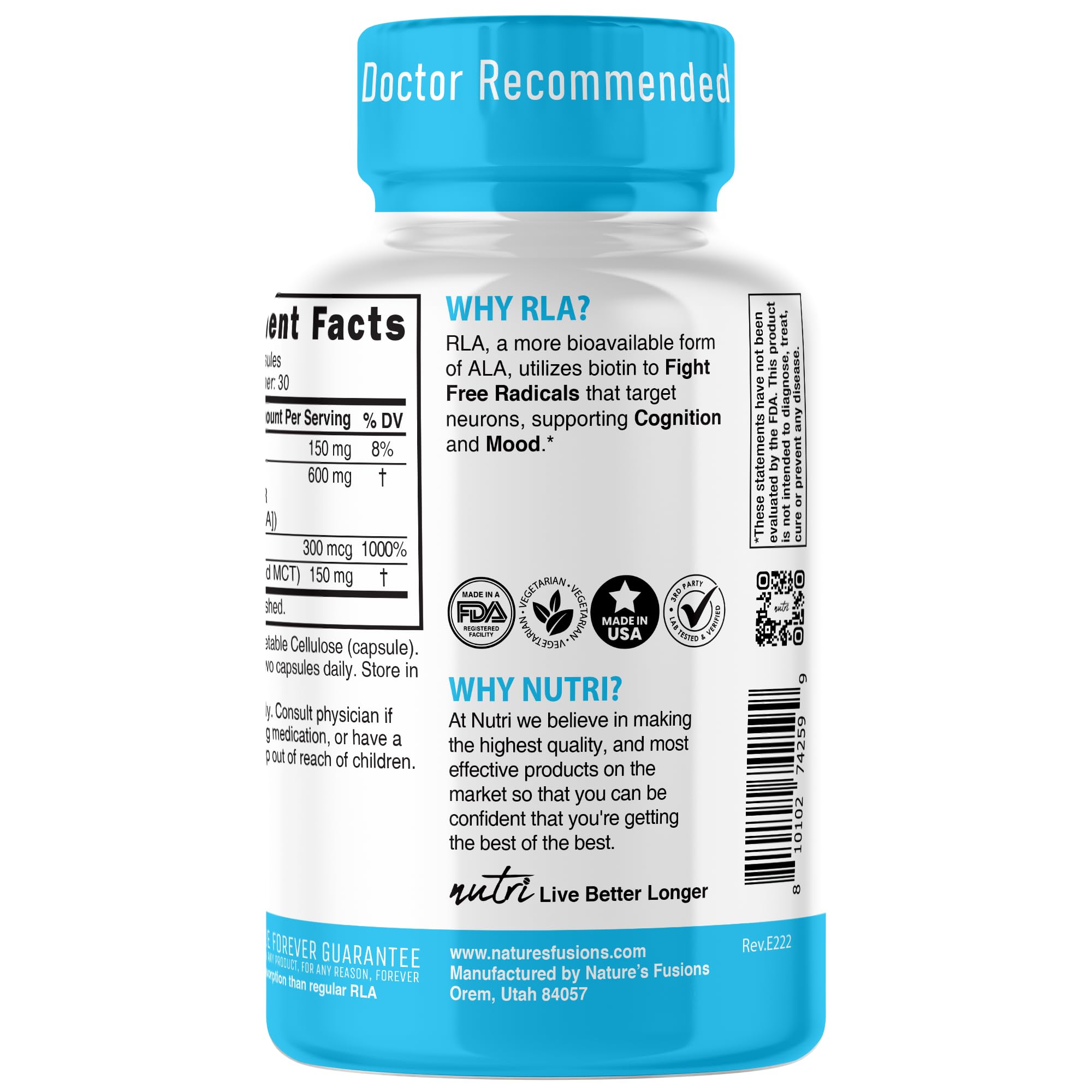 Nature's Fusions R Alpha Lipoic Acid capsules on a wooden surface