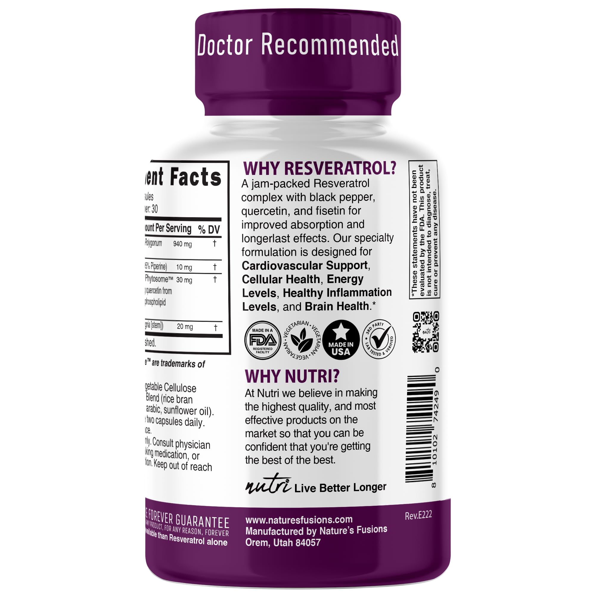Nature's Fusions Resveratrol+ 1000mg supplement back view with ingredients