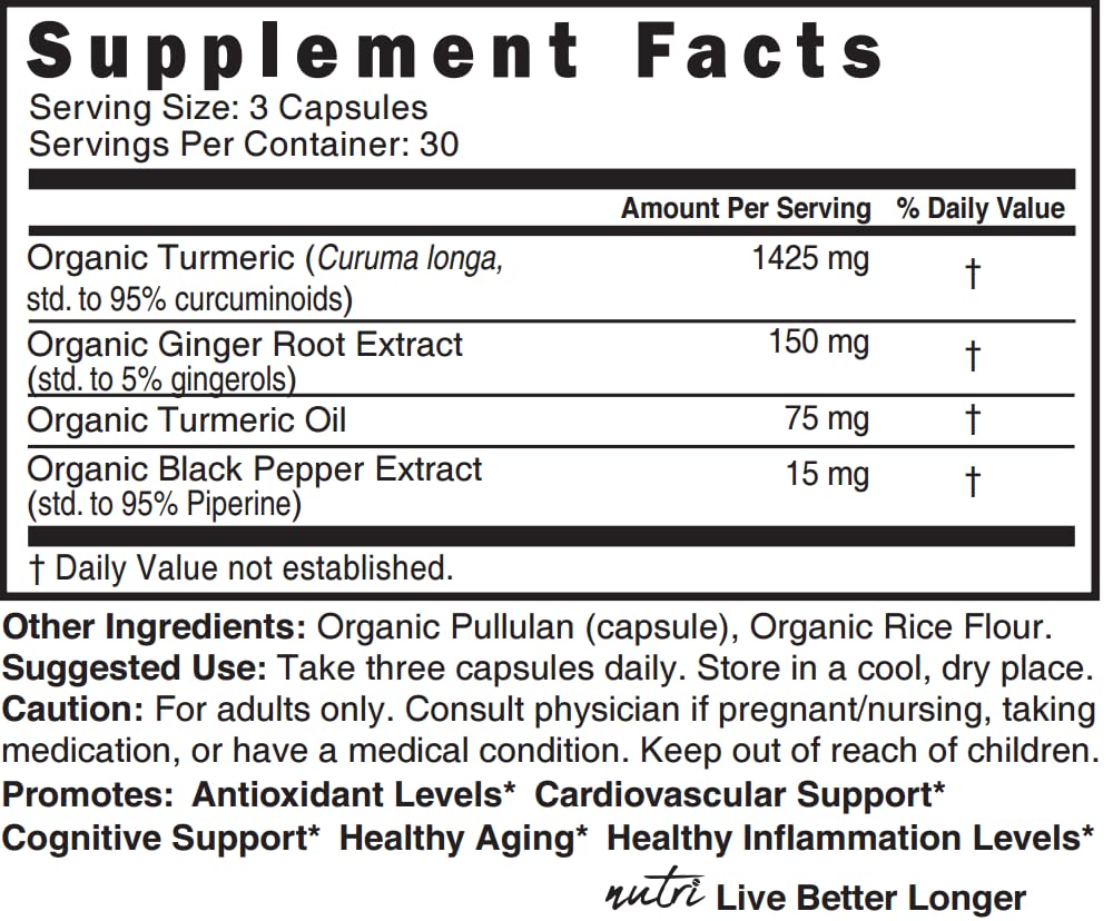 Nature's Fusions Turmeric Curcumin back view of packaging with nutrition facts
