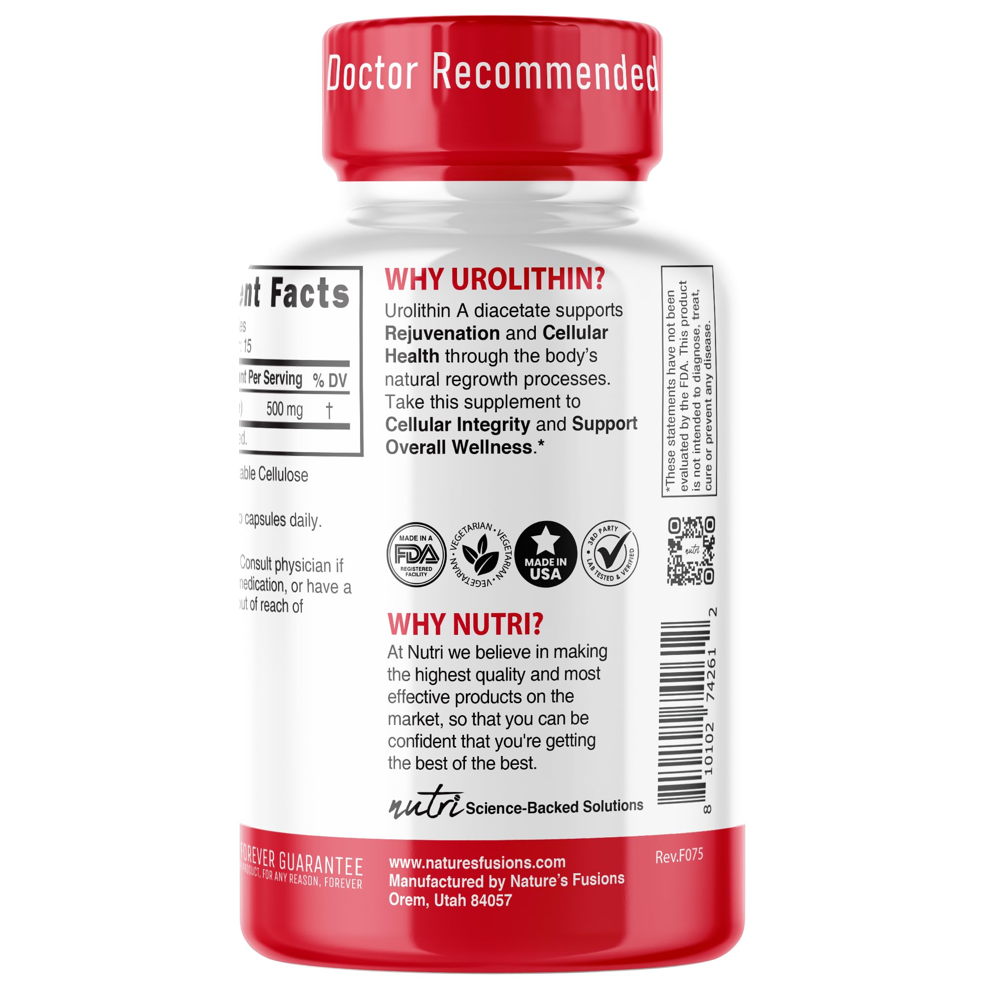 Nature's Fusions Urolithin A Diacetate 500mg bottle with 30 capsules